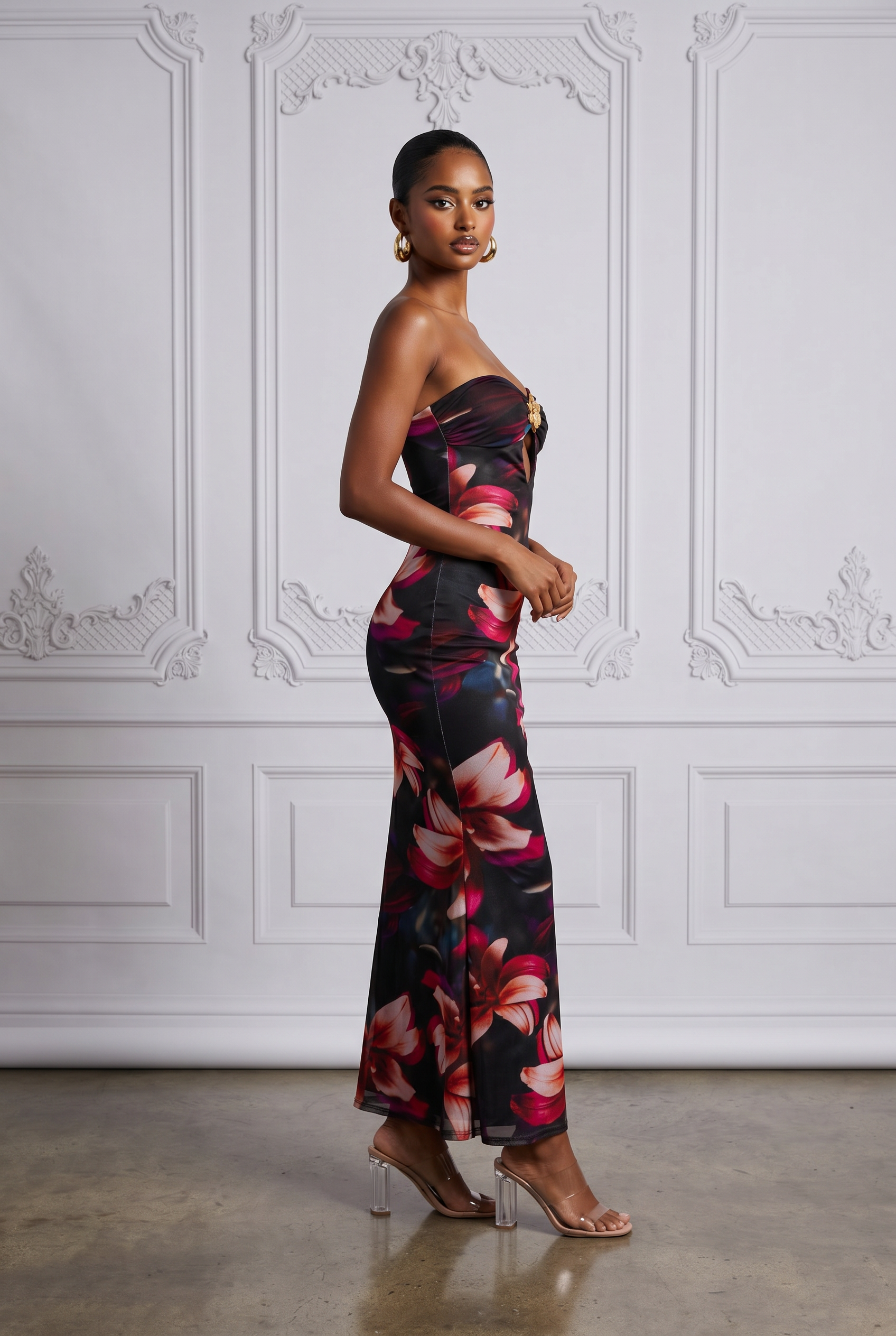 Strapless Cutout Midi Dress in Black Combo Size M – Side View