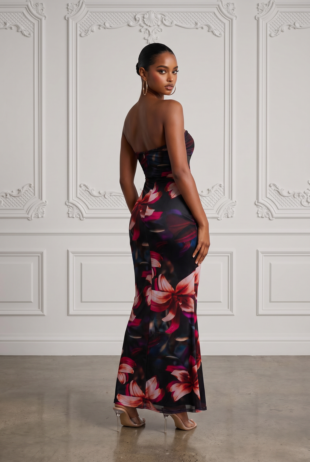 Strapless Cutout Midi Dress in Black Combo Size S – Back View