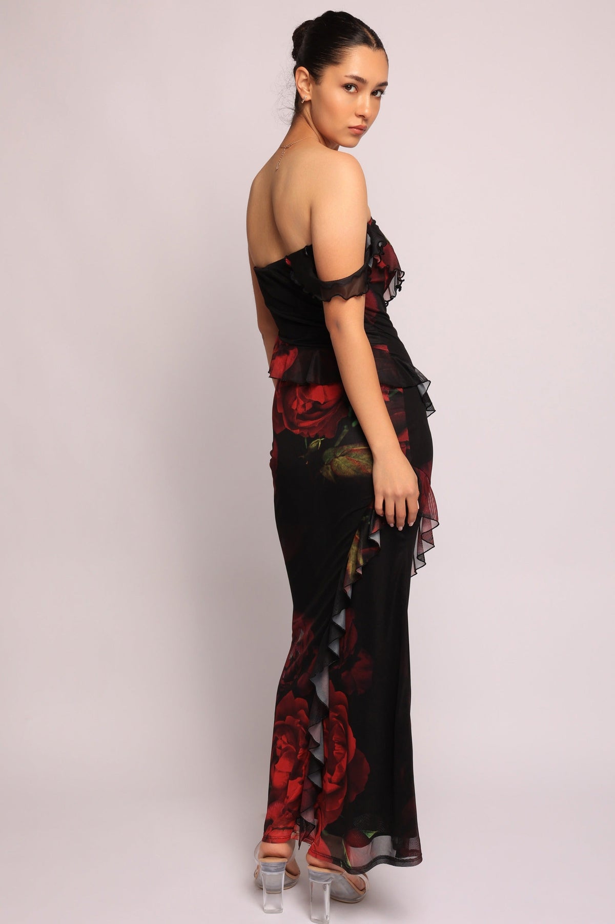 Black combo floral ruffle maxi dress, back view on model