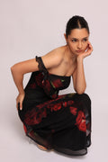 Black combo floral ruffle maxi dress, front view on model