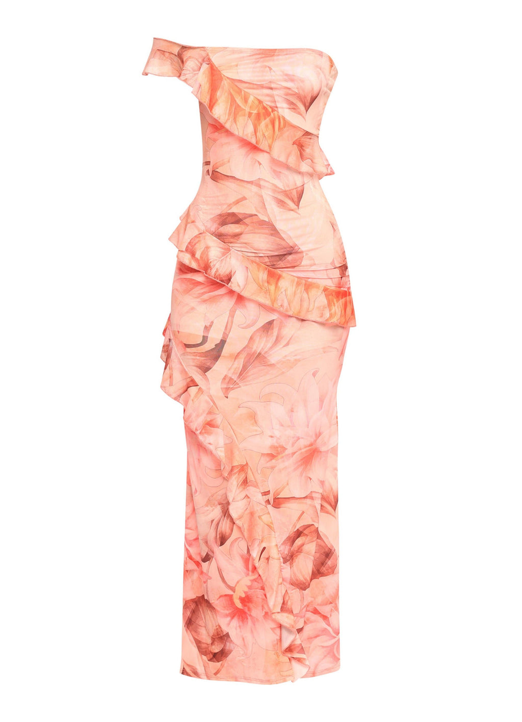 Floral Ruffle Maxi Dress in Coral combo – Side view