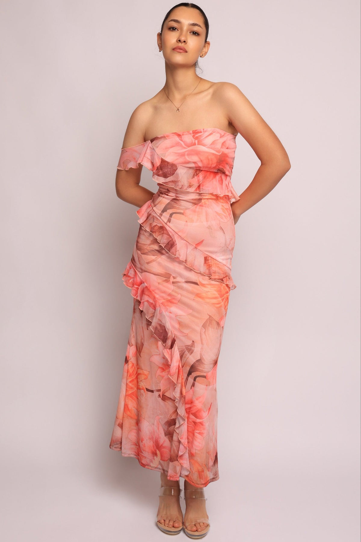 Floral Ruffle Maxi Dress in Coral combo – Front view