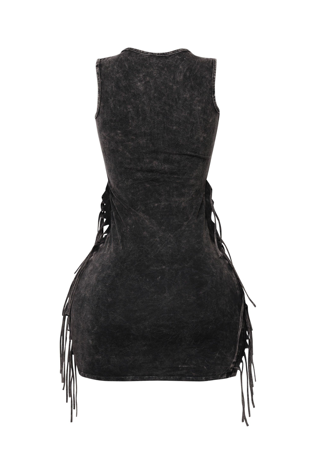 Charcoal mineral wash fringe mini dress, close-up view on model