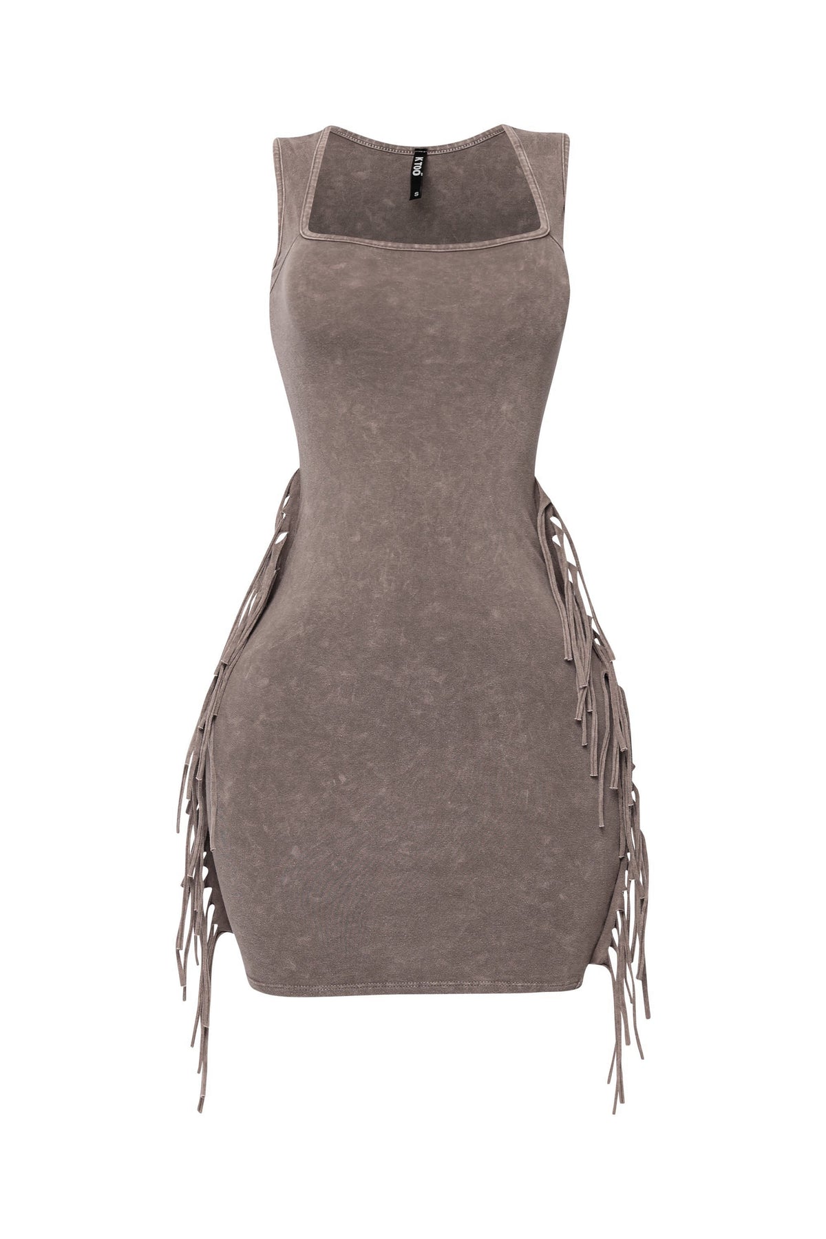 Cool brown mineral wash fringe mini dress, front view on model