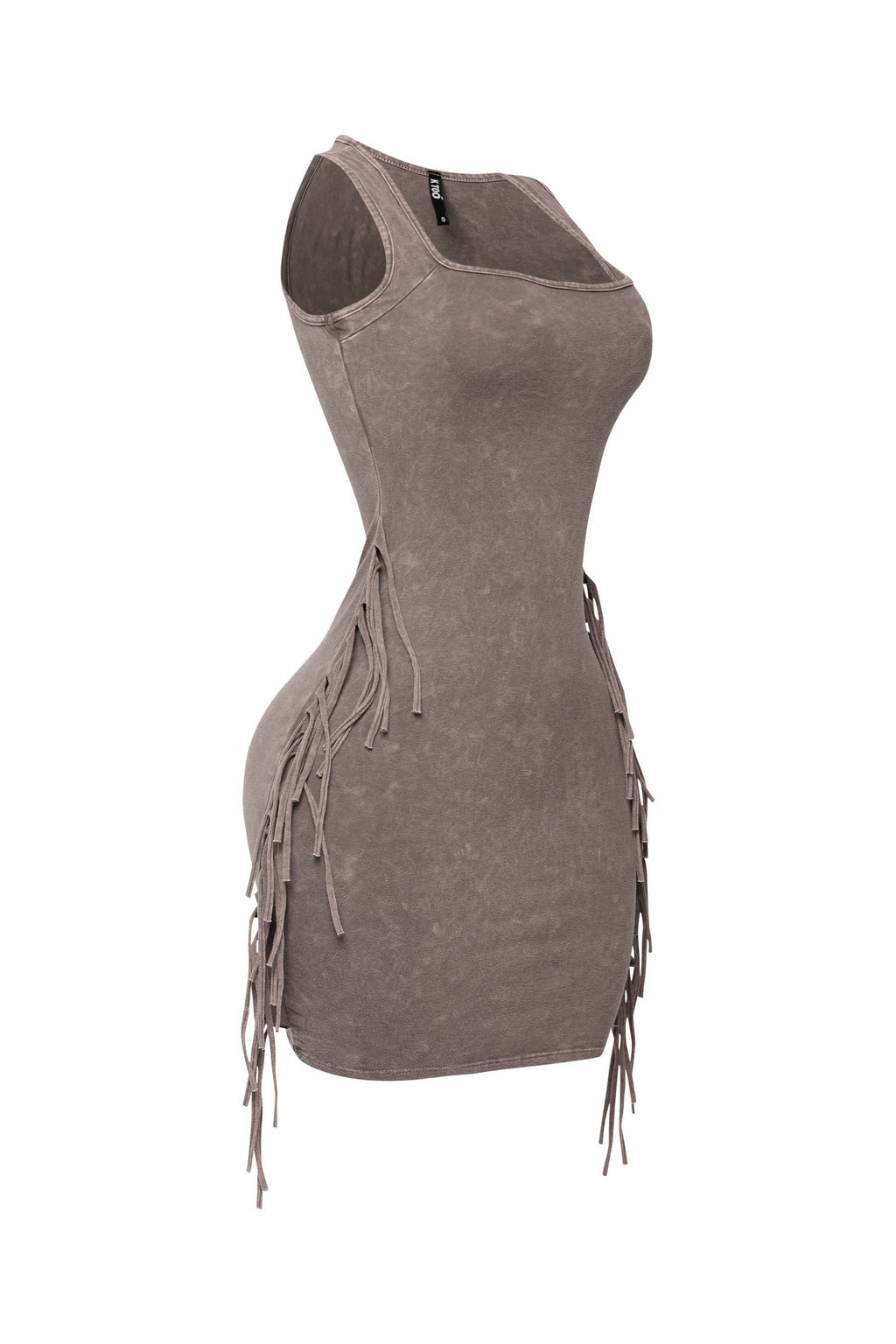Cool brown mineral wash fringe mini dress, back view on model