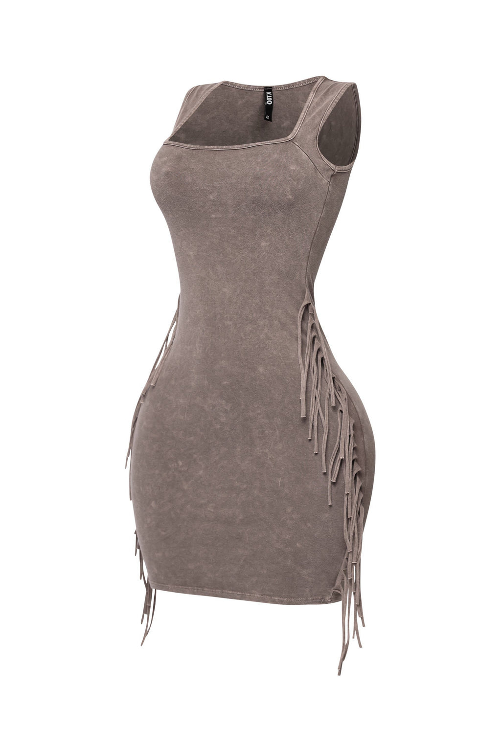 Cool brown mineral wash fringe mini dress, detail view on model