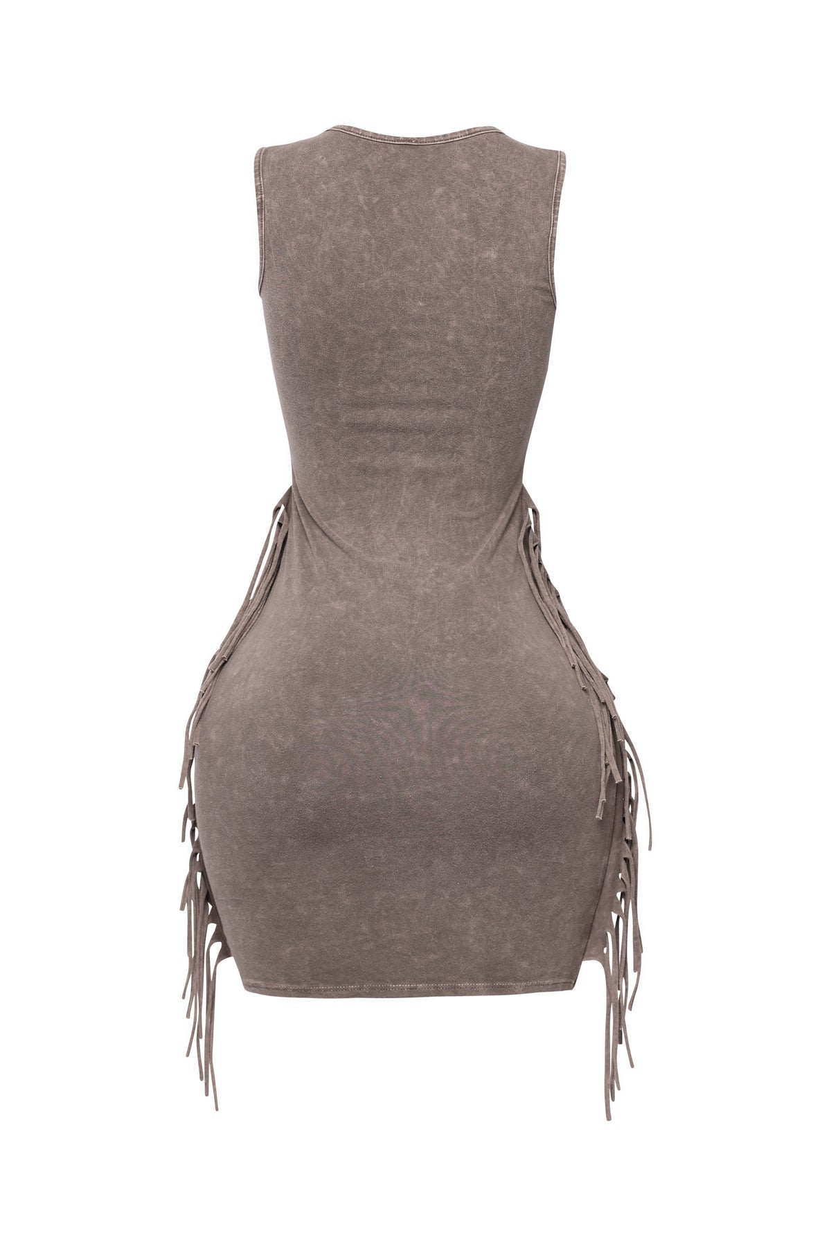 Cool brown mineral wash fringe mini dress, alternate front view on model