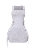 Ice cement mineral wash fringe mini dress, side view on model