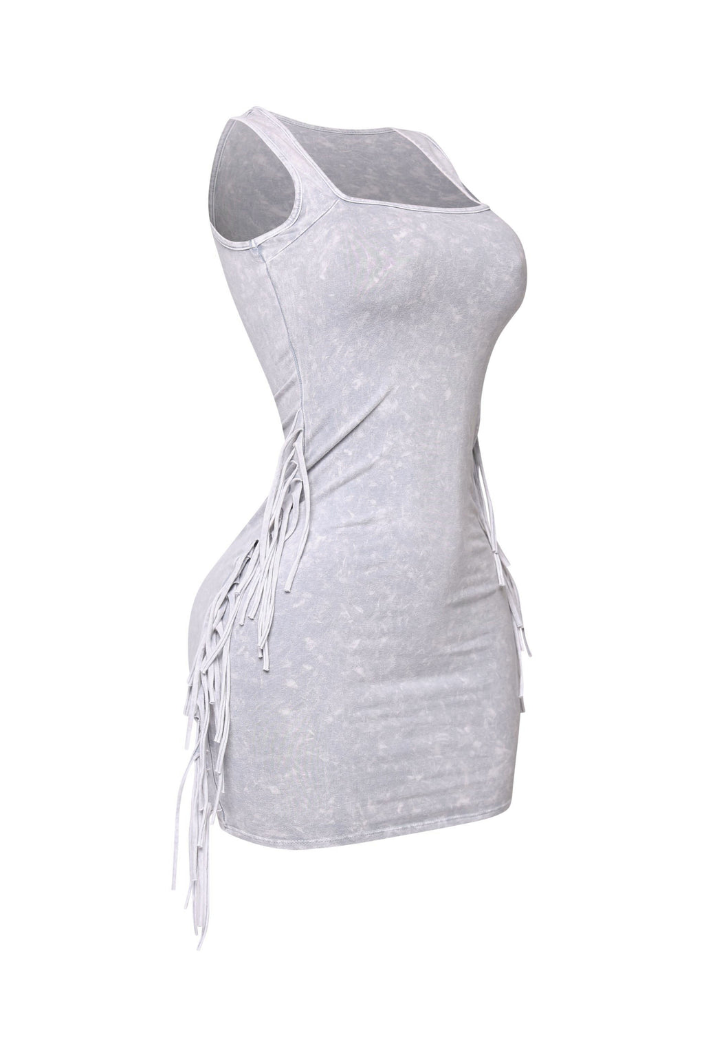 Ice cement mineral wash fringe mini dress, alternate front view on model