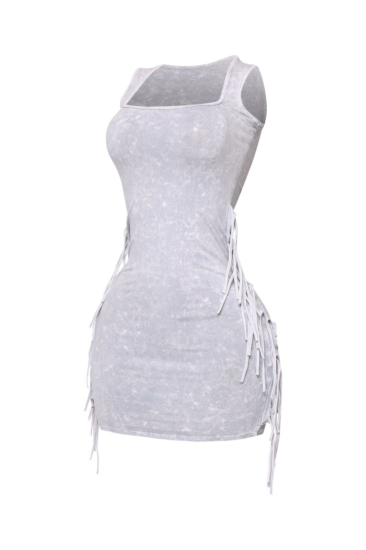Ice cement mineral wash fringe mini dress, back view on model