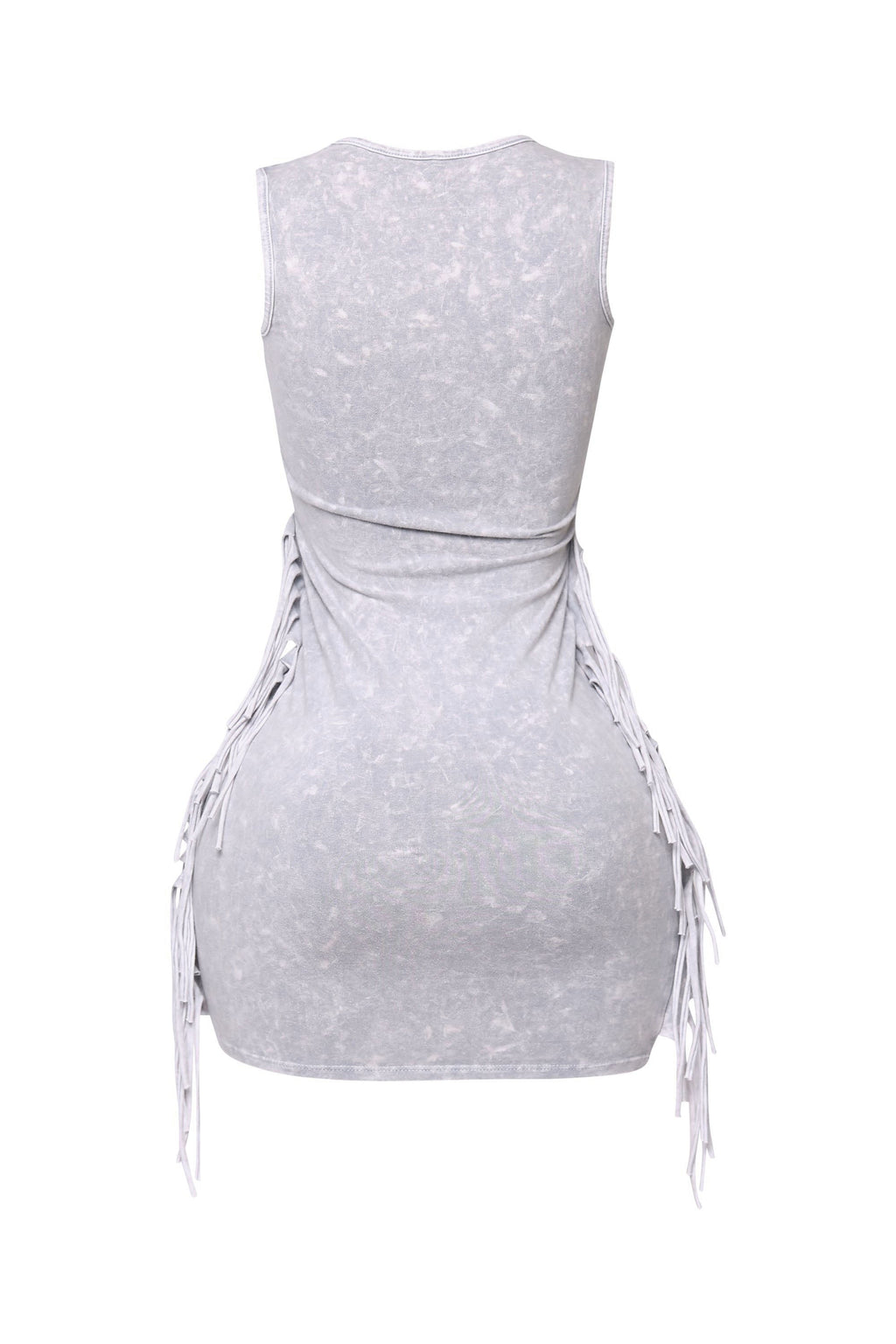 Ice cement mineral wash fringe mini dress, front view on model