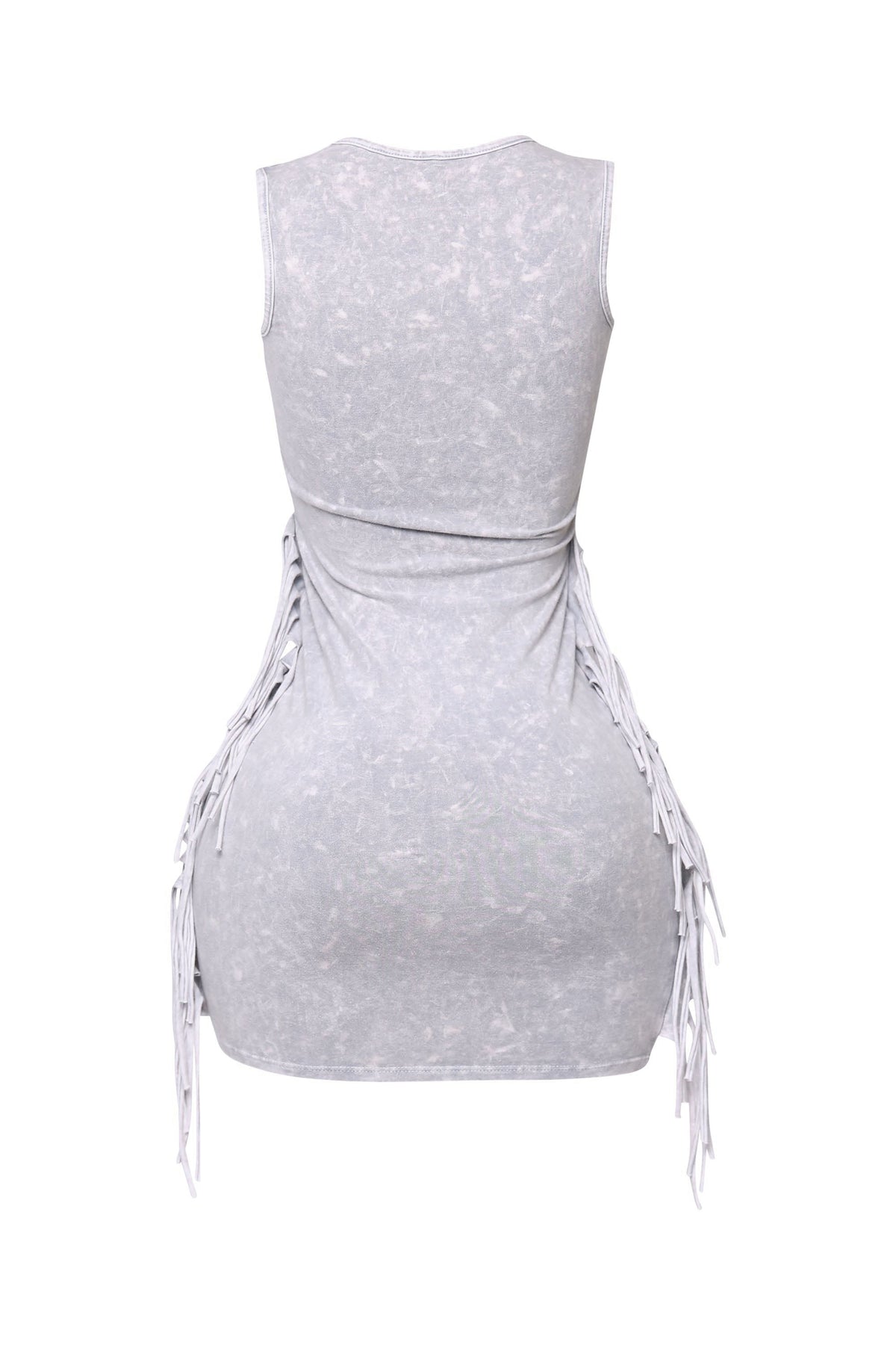 Ice cement mineral wash fringe mini dress, front view on model
