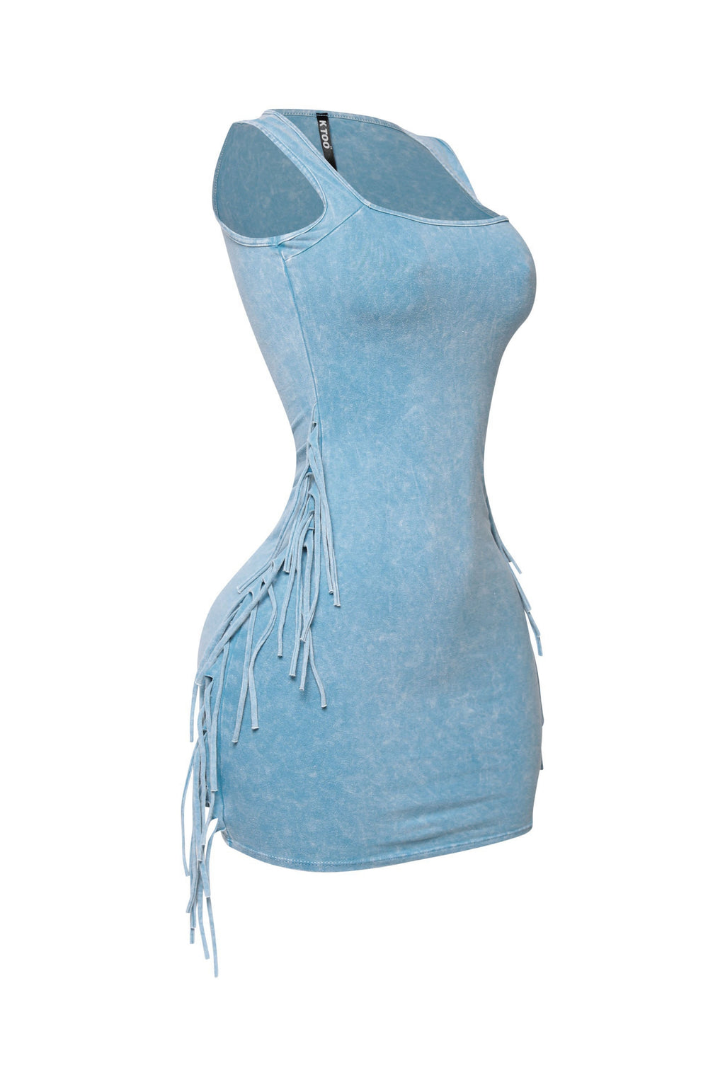 Tiffany blue mineral wash fringe mini dress, side view on model