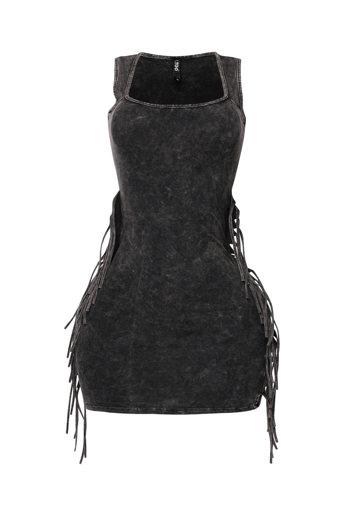 Charcoal mineral wash fringe mini dress, detail view on model