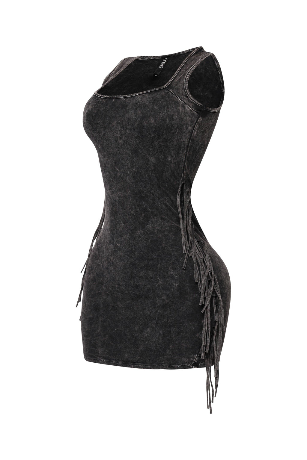 Charcoal mineral wash fringe mini dress, full-length view on model