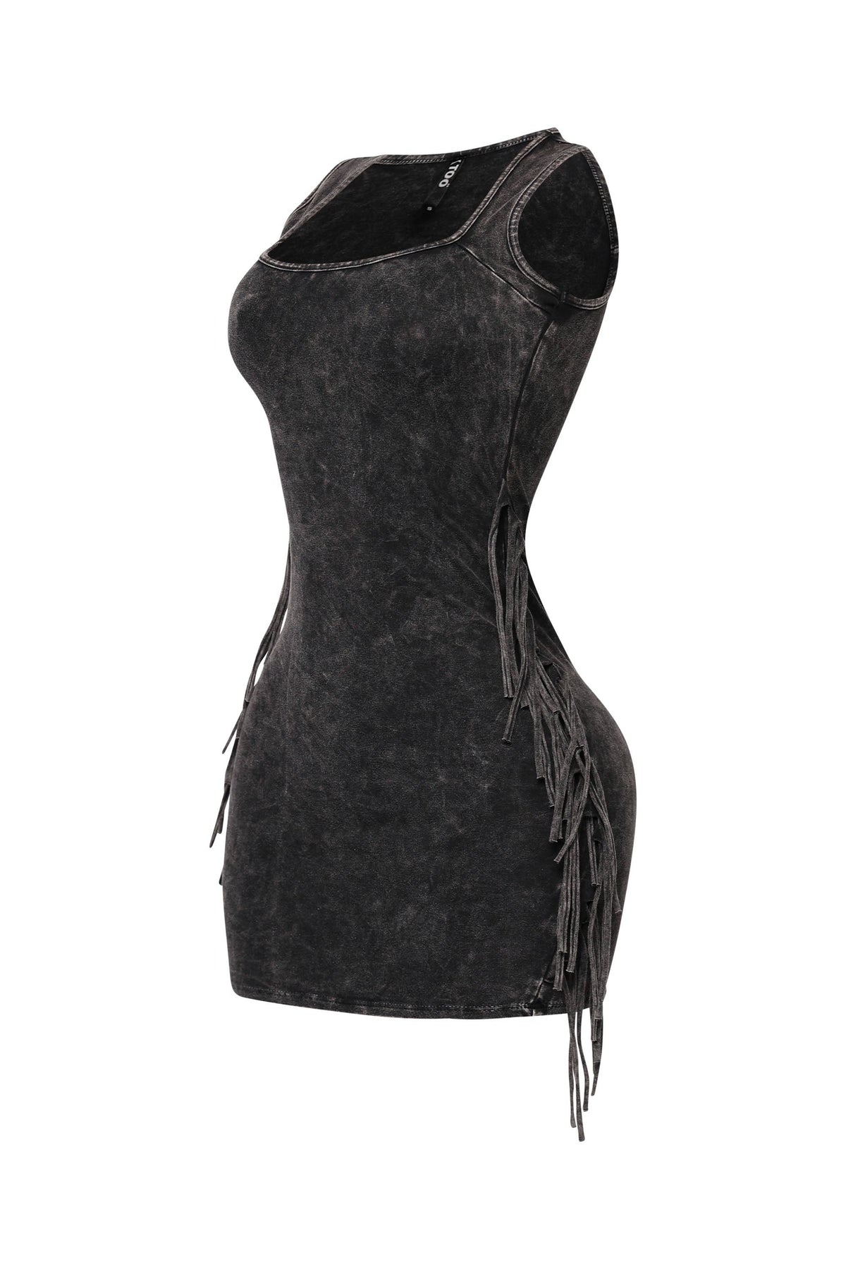 Charcoal mineral wash fringe mini dress, full-length view on model