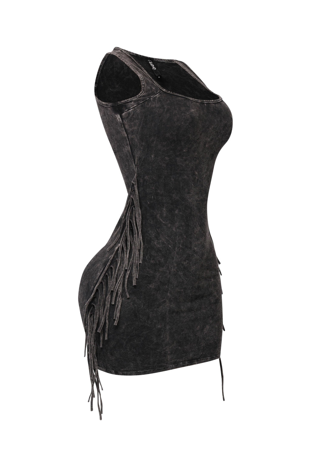 Charcoal mineral wash fringe mini dress, side view on model