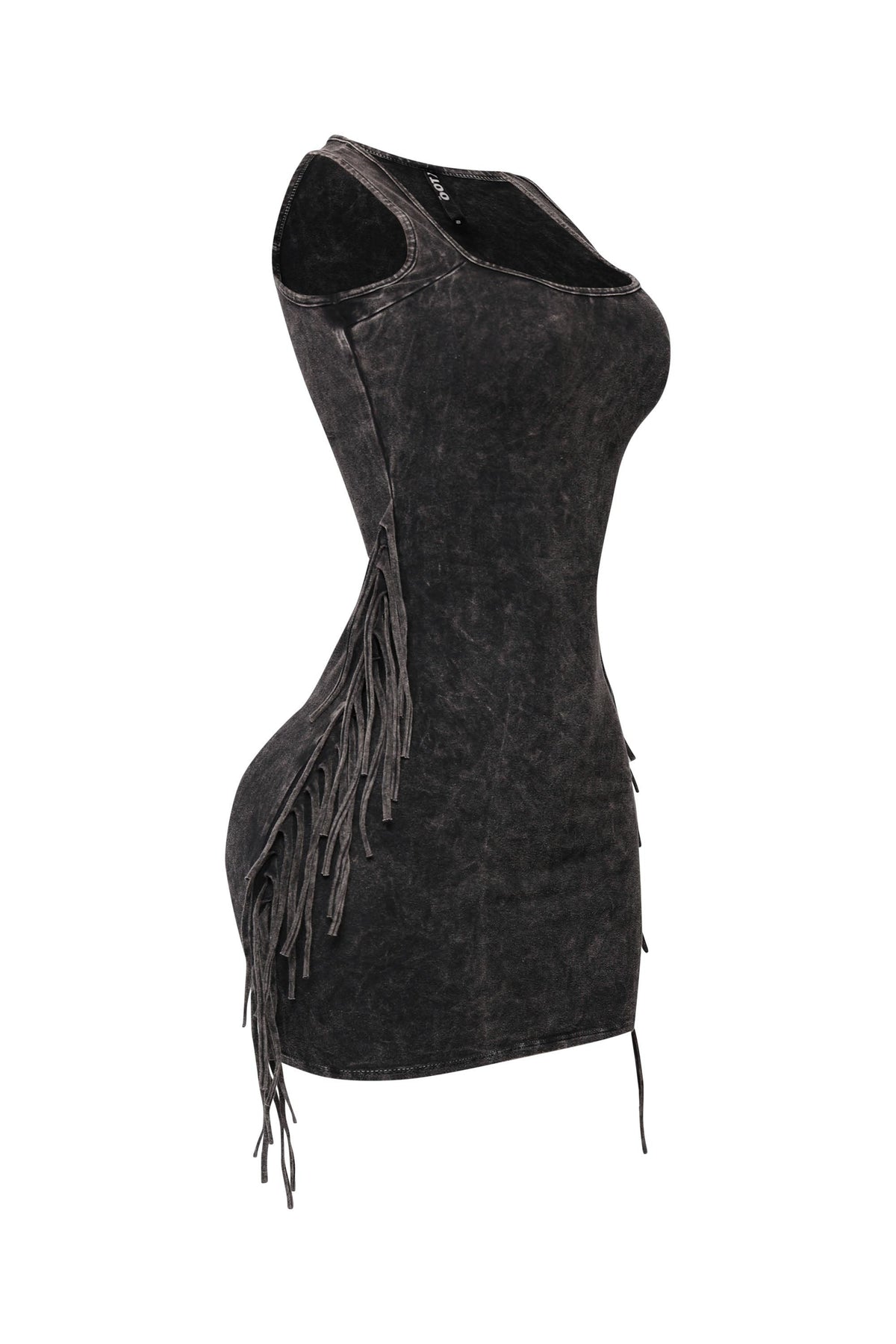 Charcoal mineral wash fringe mini dress, side view on model