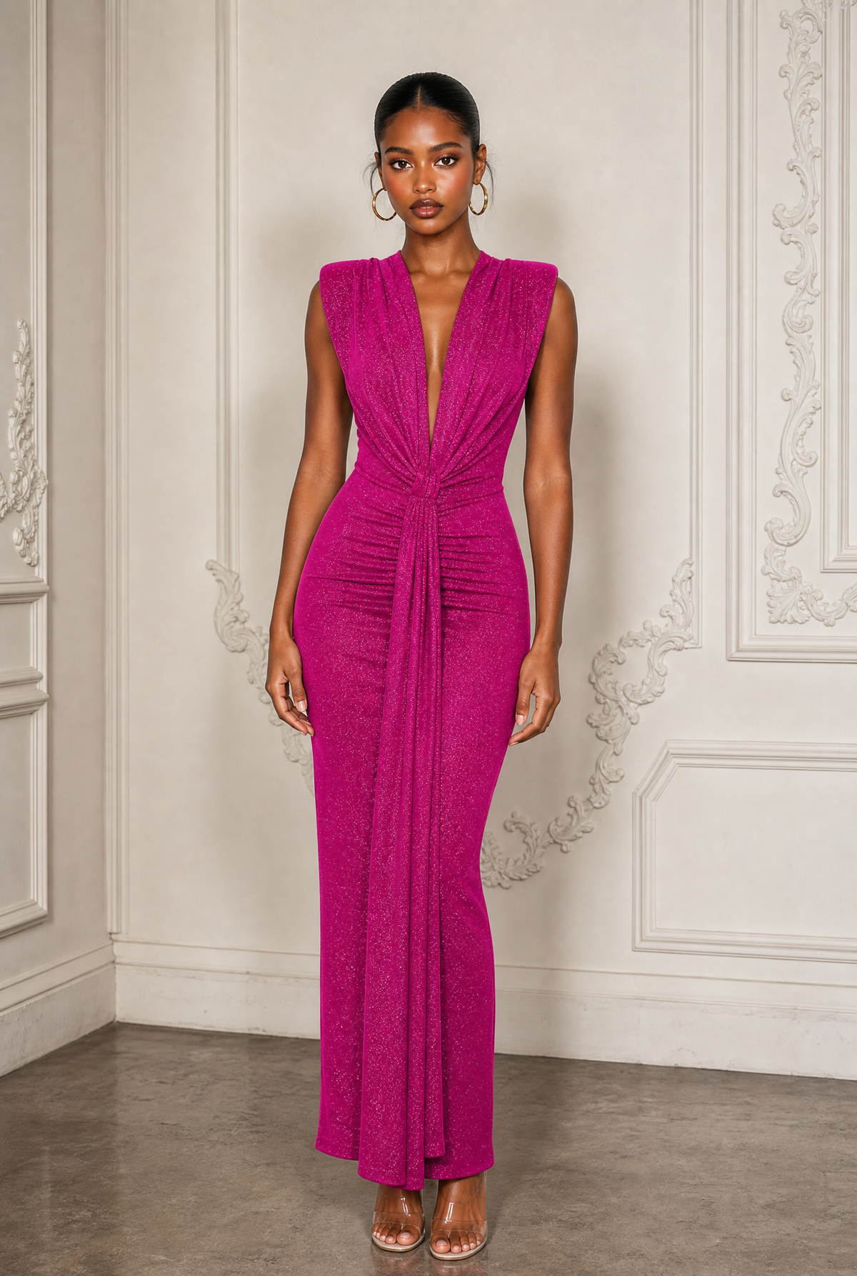 Drape Front Maxi Dress in Hot Pink – Front view