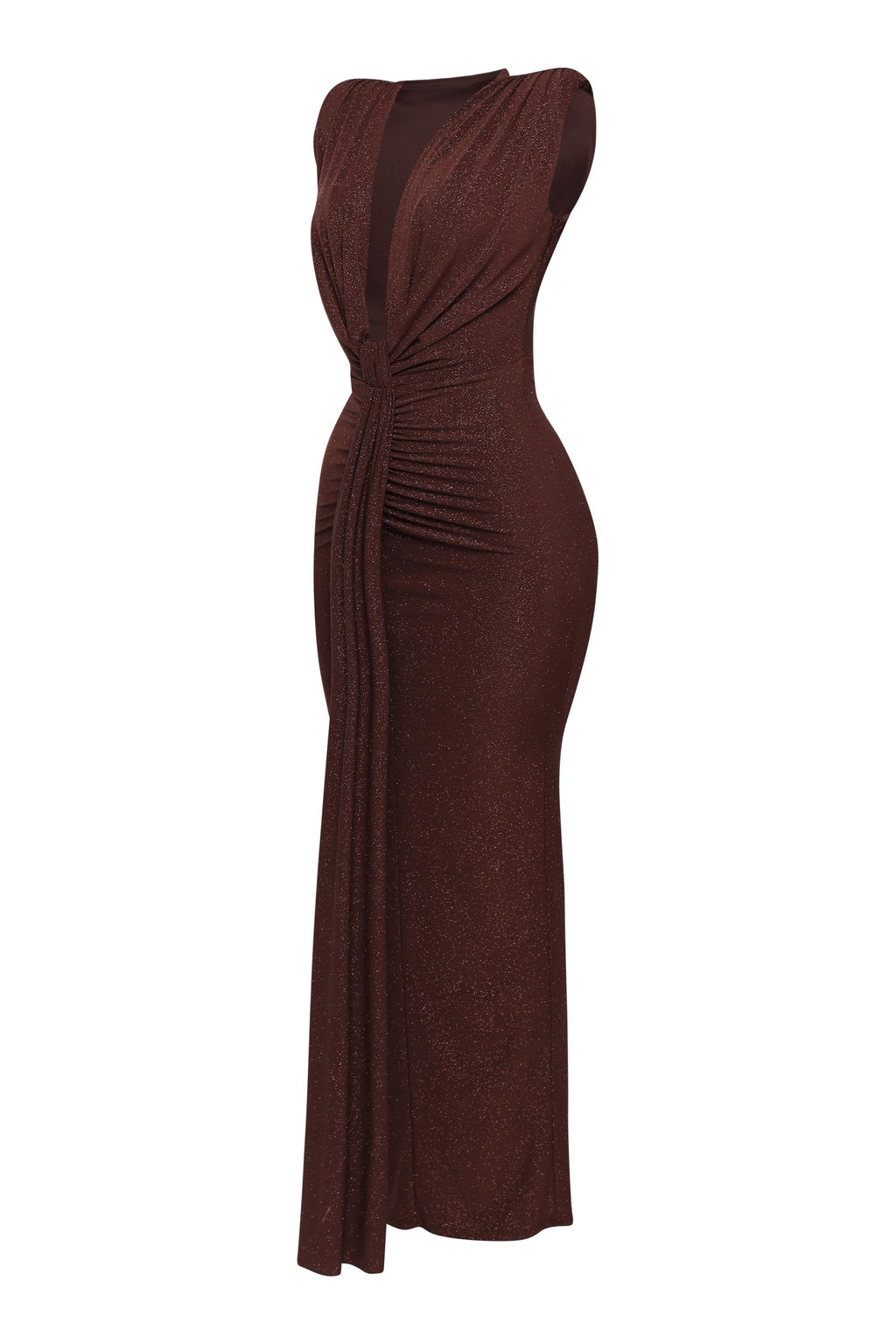 Brown drape front maxi dress, view 2 on model
