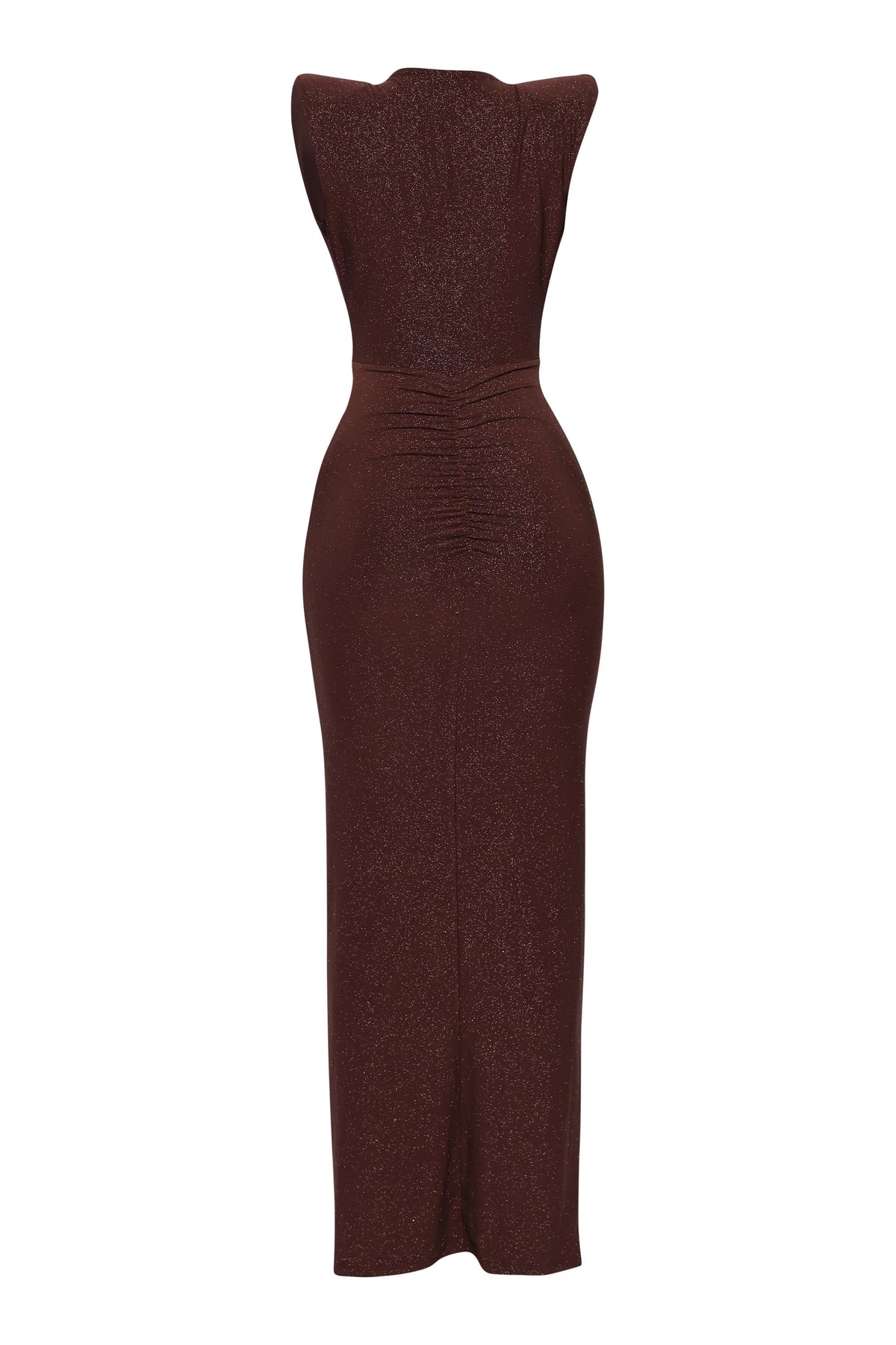 Brown drape front maxi dress, view 5 on model