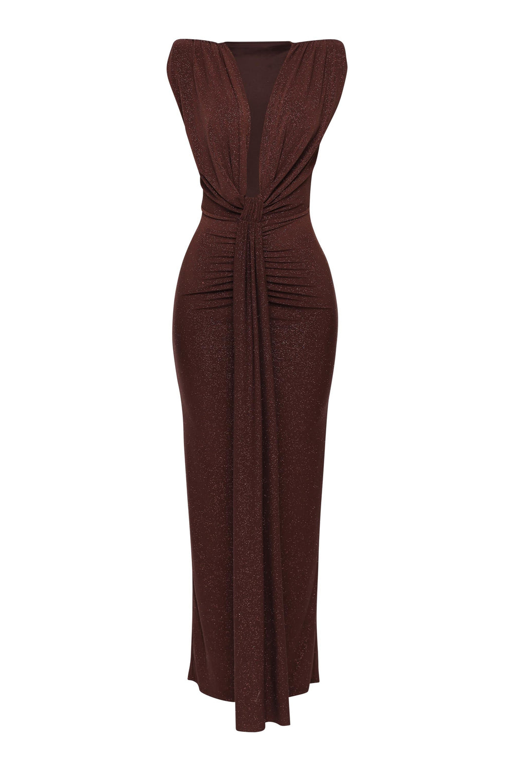Brown drape front maxi dress, view 3 on model