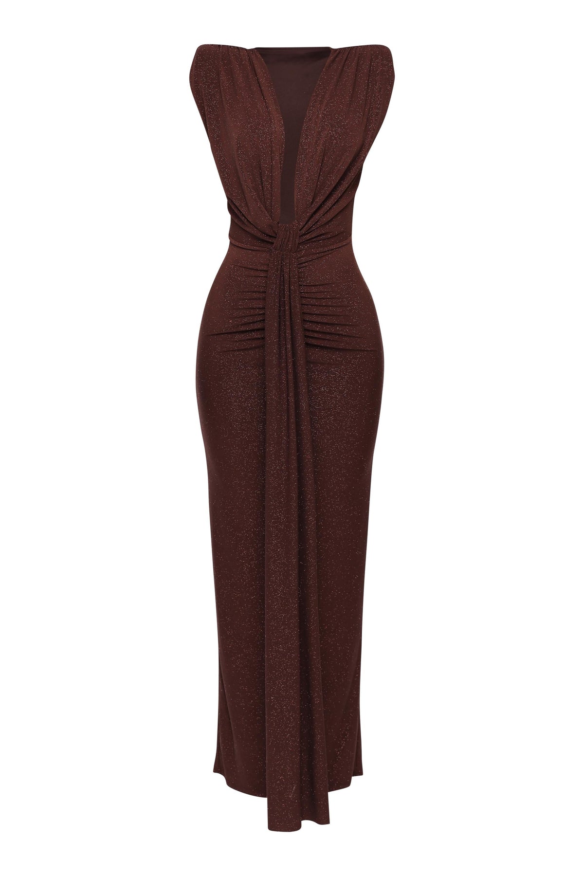 Brown drape front maxi dress, view 3 on model