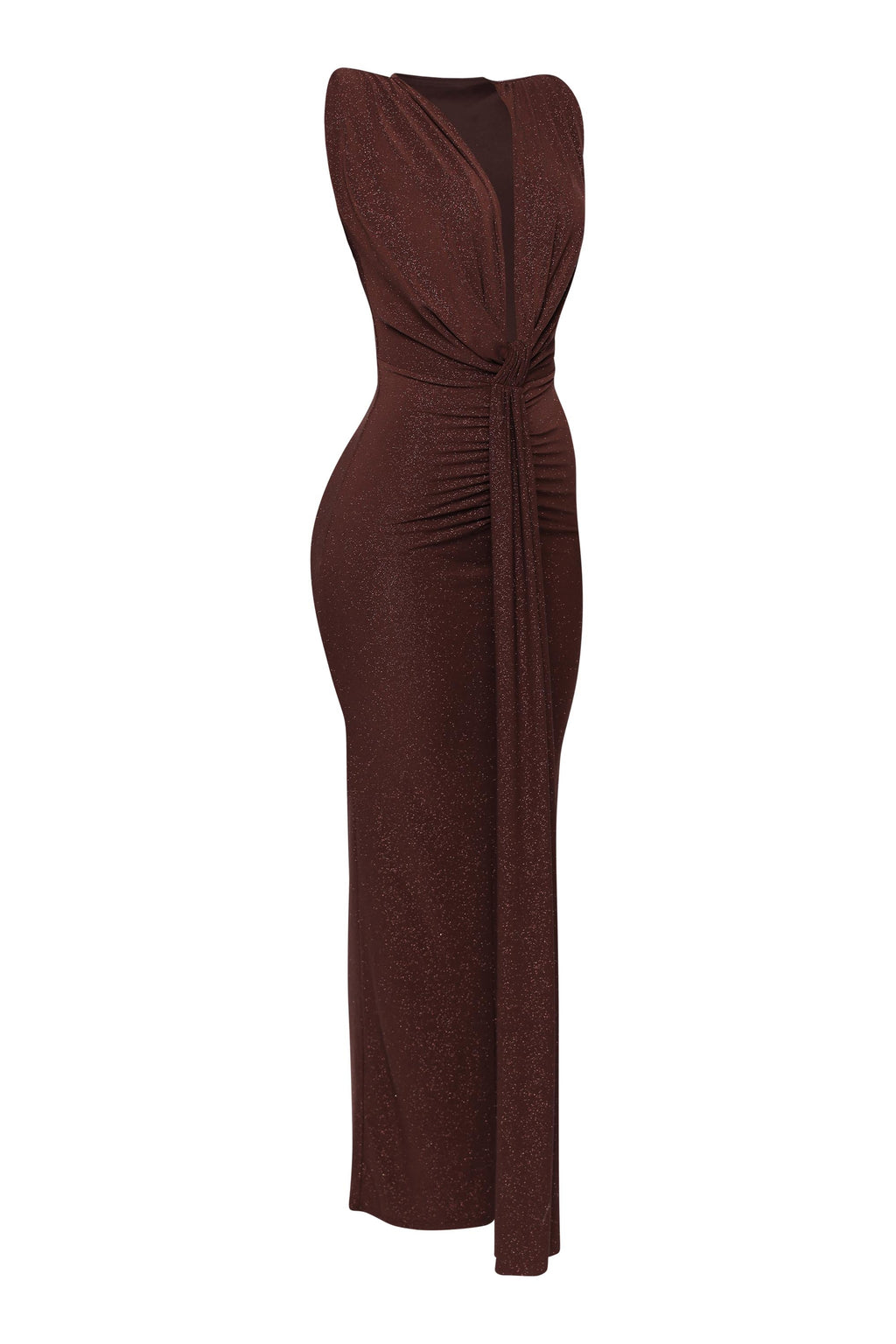 Brown drape front maxi dress, view 4 on model