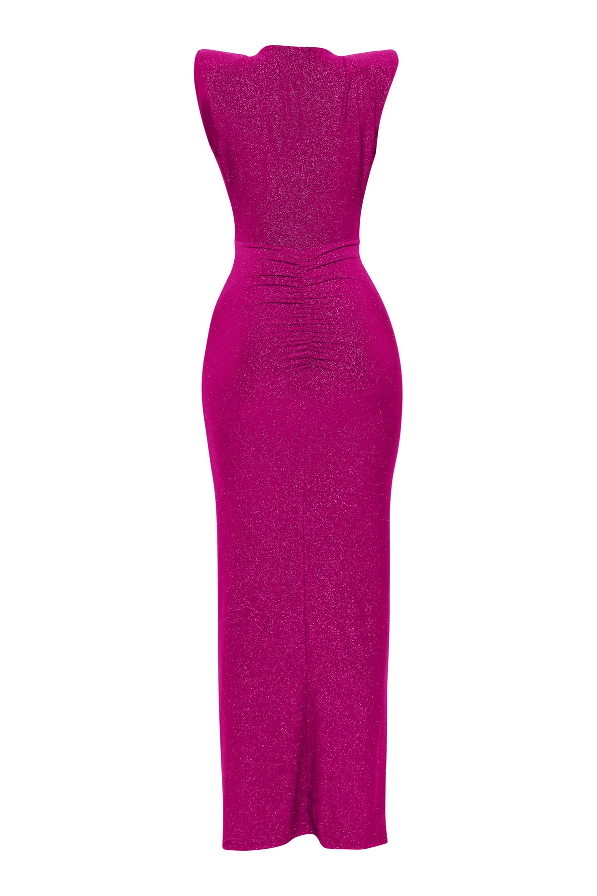 Hot pink drape front maxi dress, alternate front view on model