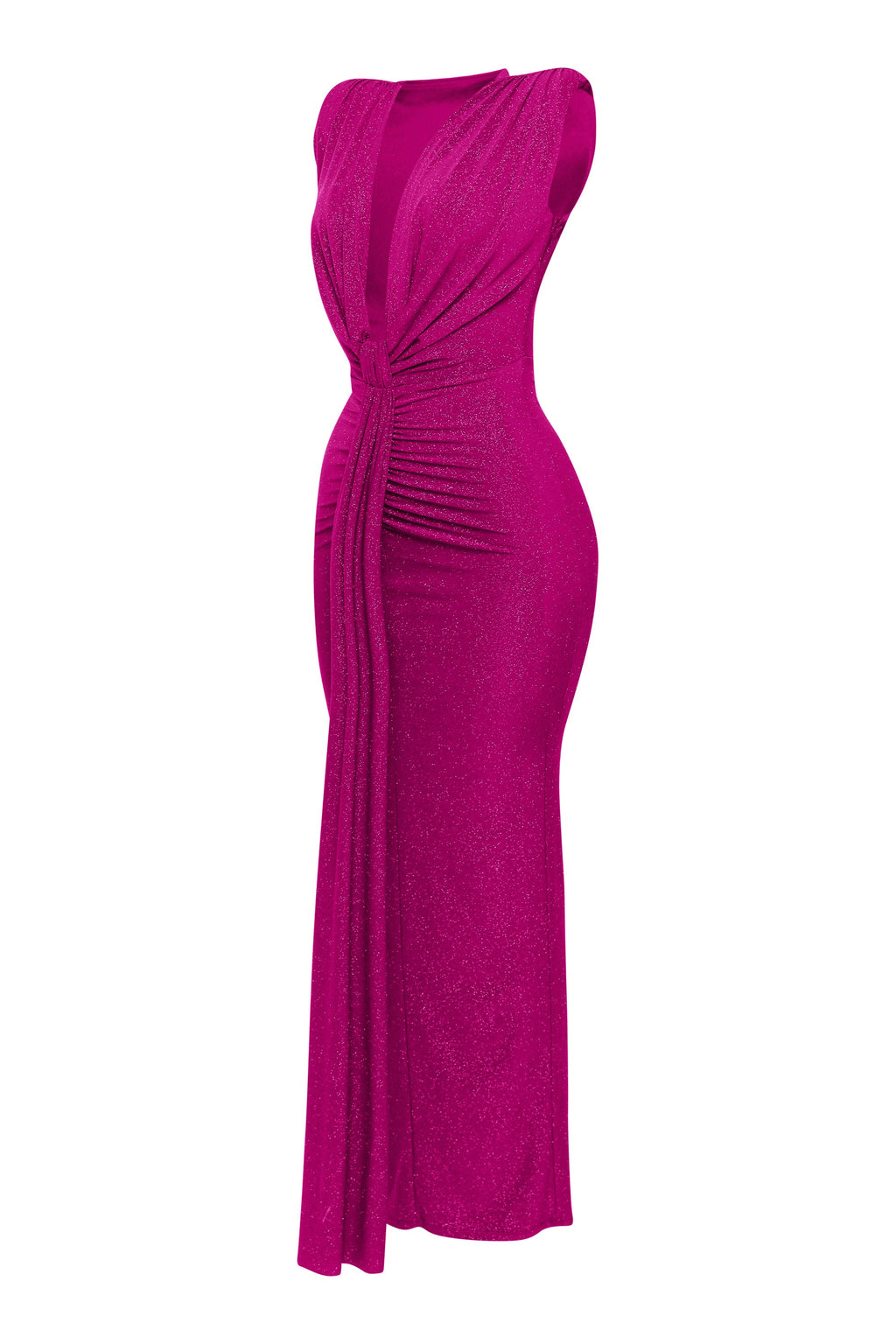 Hot pink drape front maxi dress, back view on model