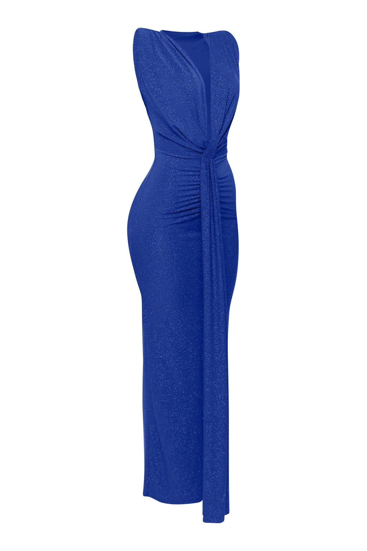 Royal drape front maxi dress, alternate front view on model