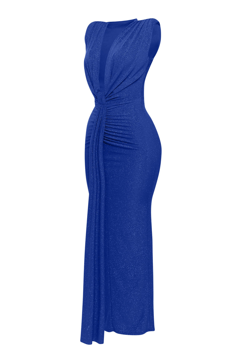 Royal drape front maxi dress, detail view on model