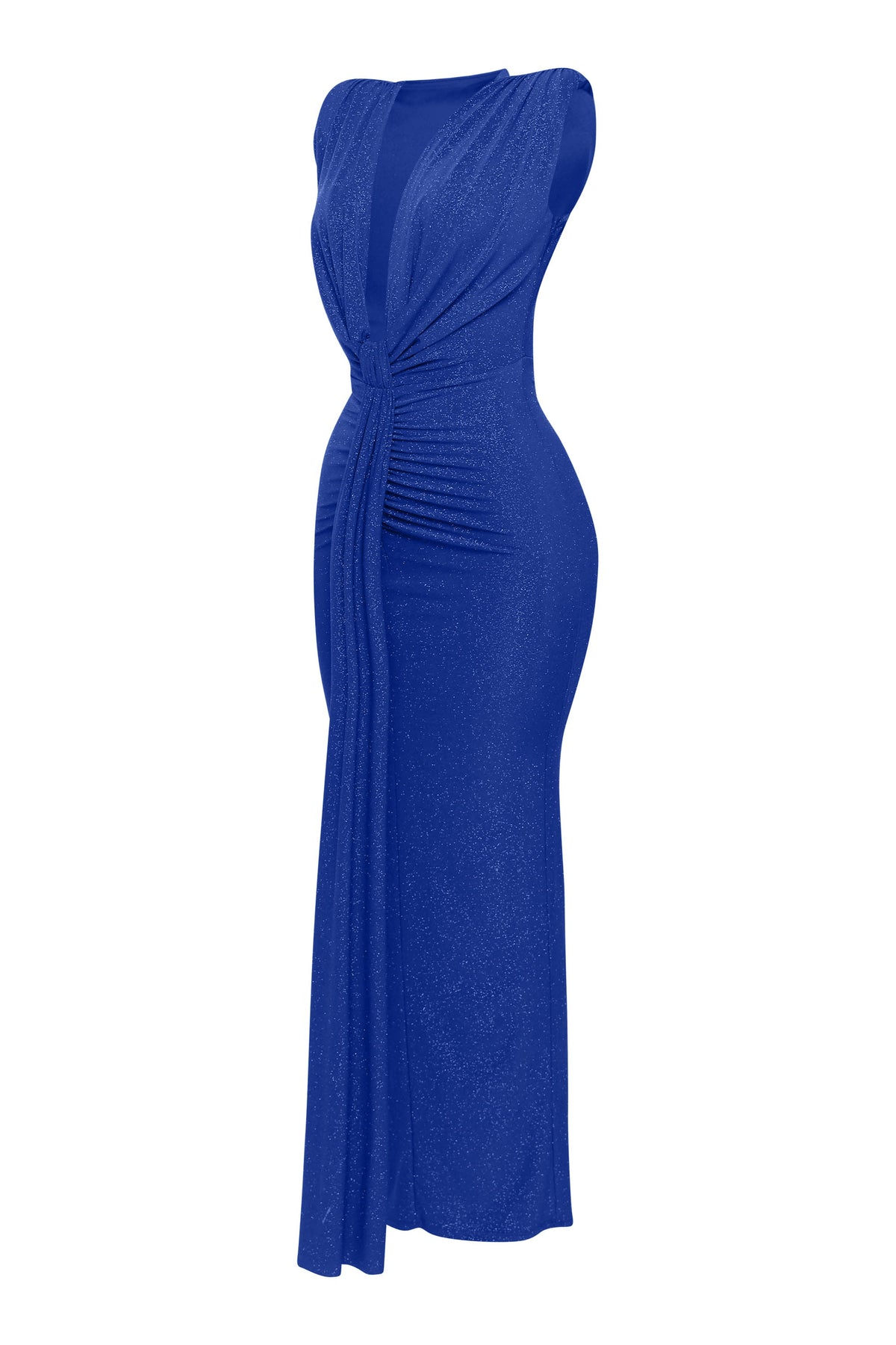 Royal drape front maxi dress, detail view on model