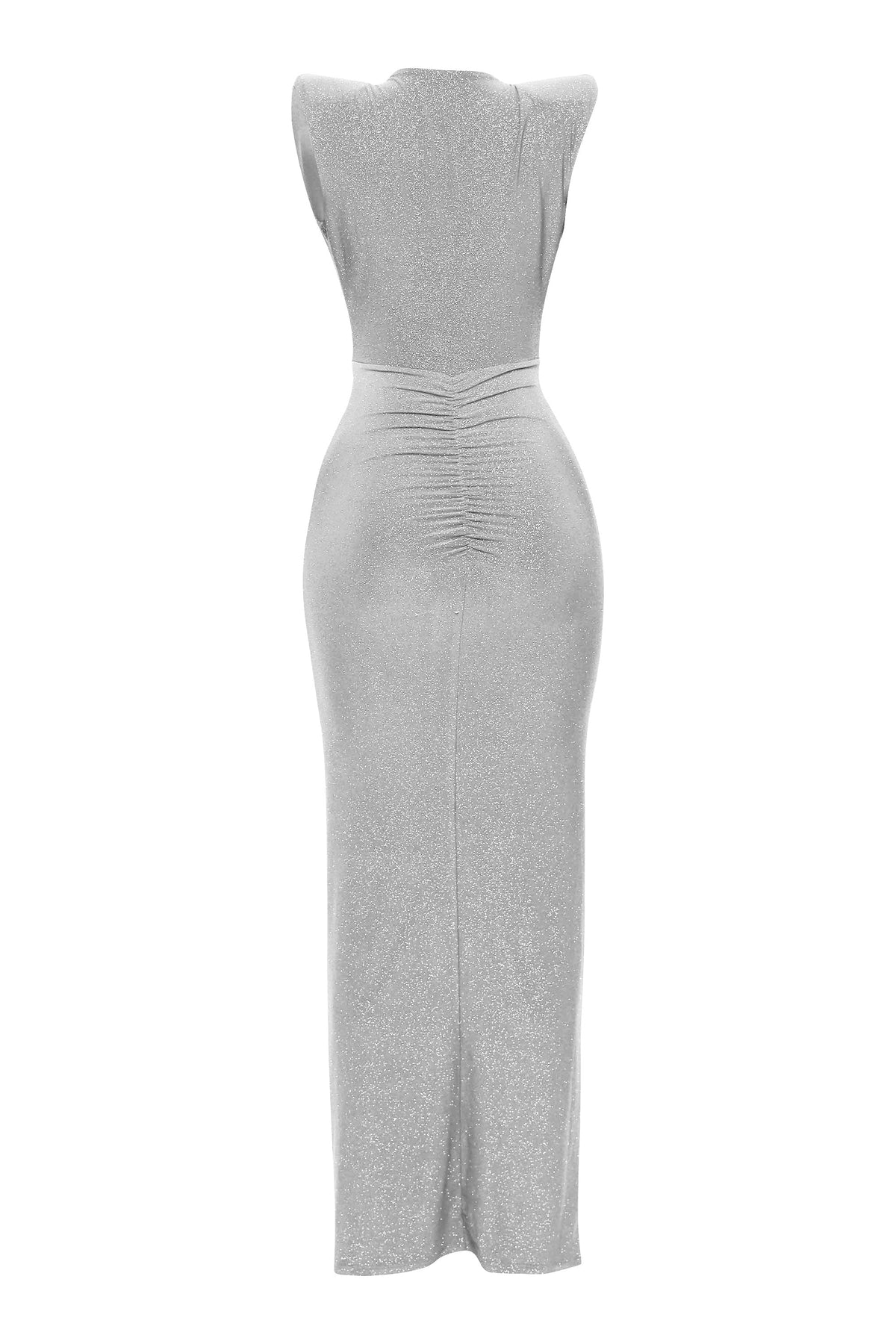 Silver drape front maxi dress, full-length view on model