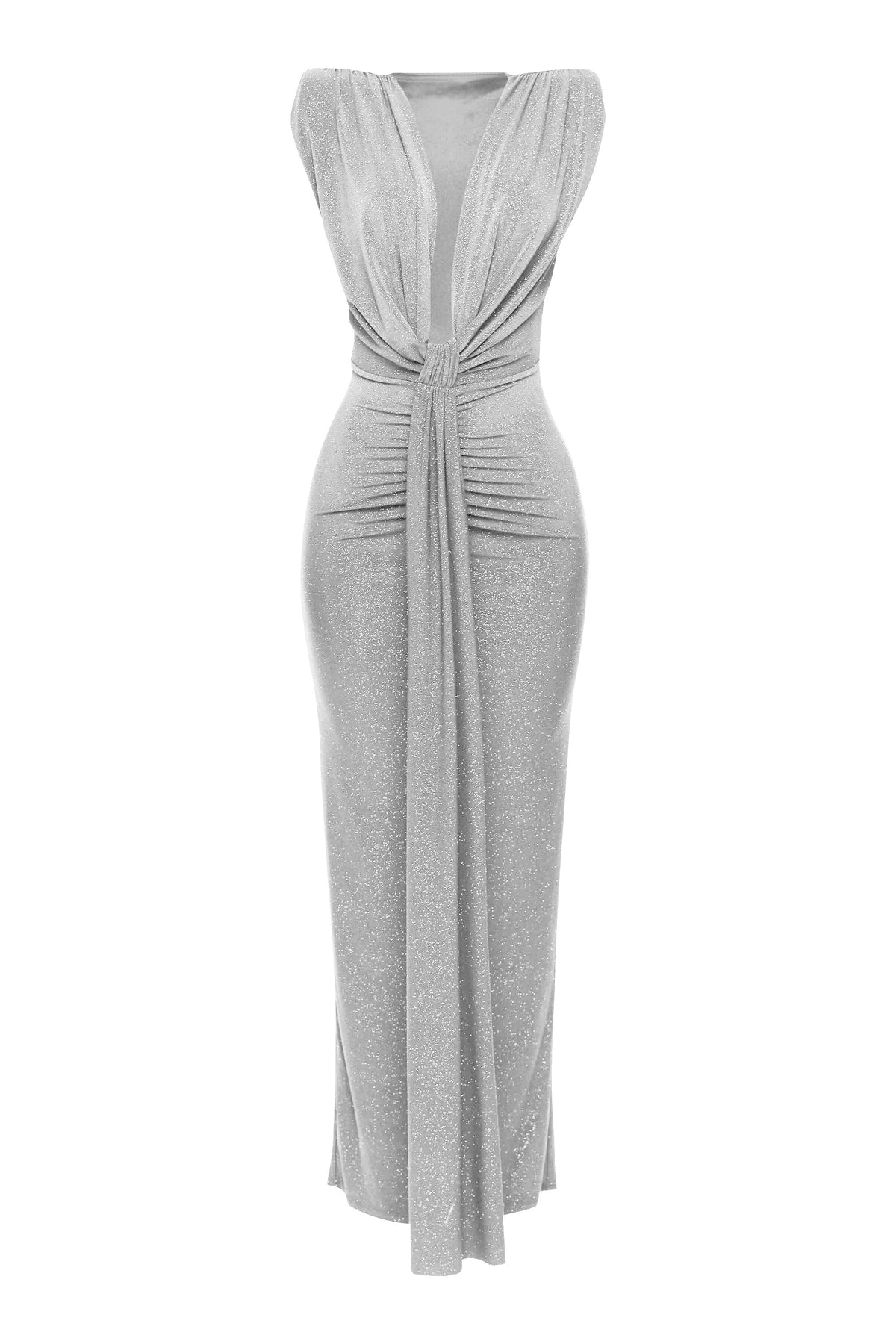 Silver drape front maxi dress, side view on model