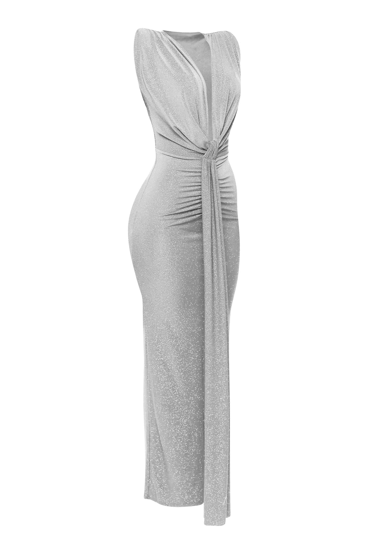 Silver drape front maxi dress, close-up view on model