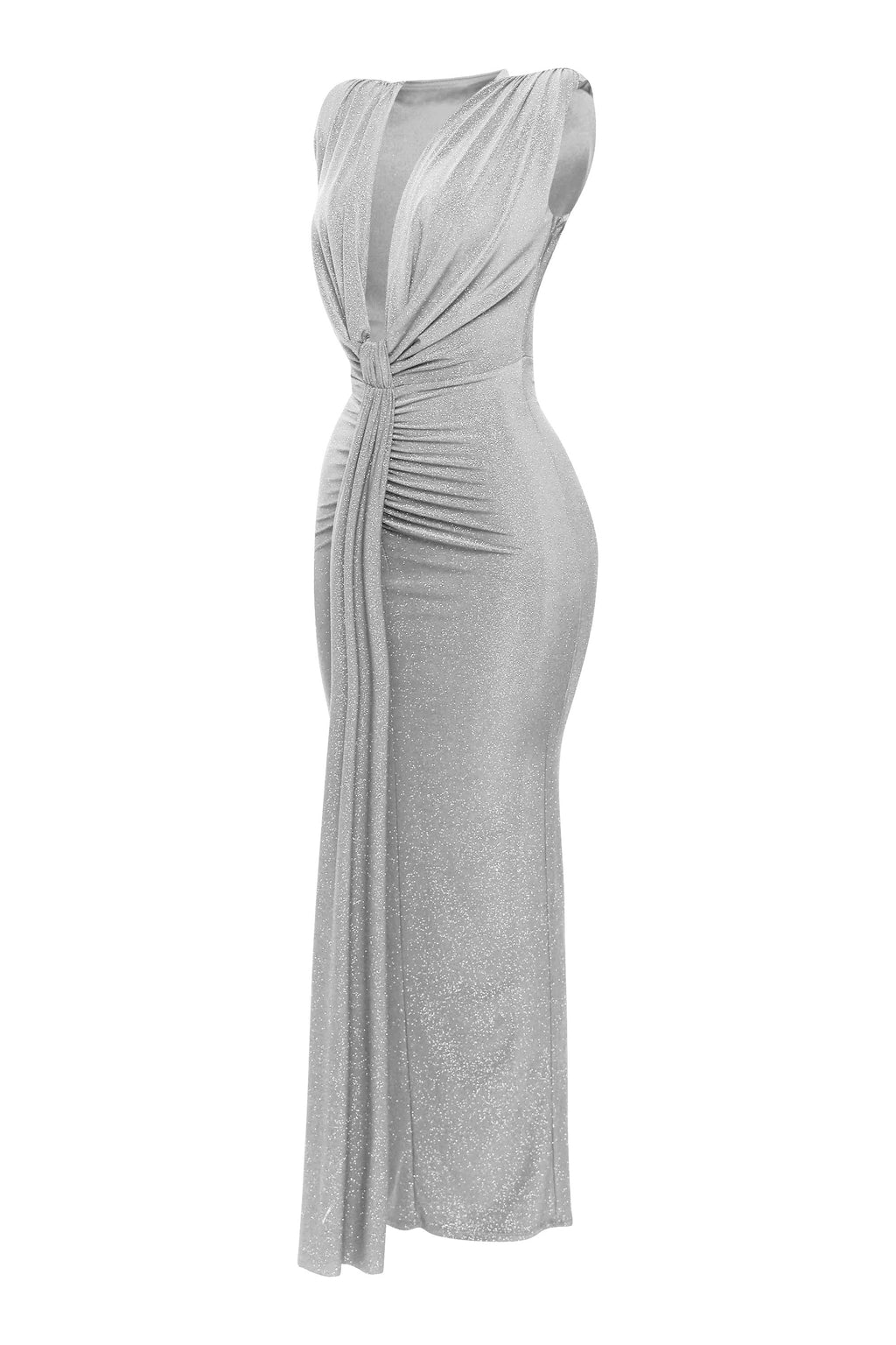 Silver drape front maxi dress, styled look on model