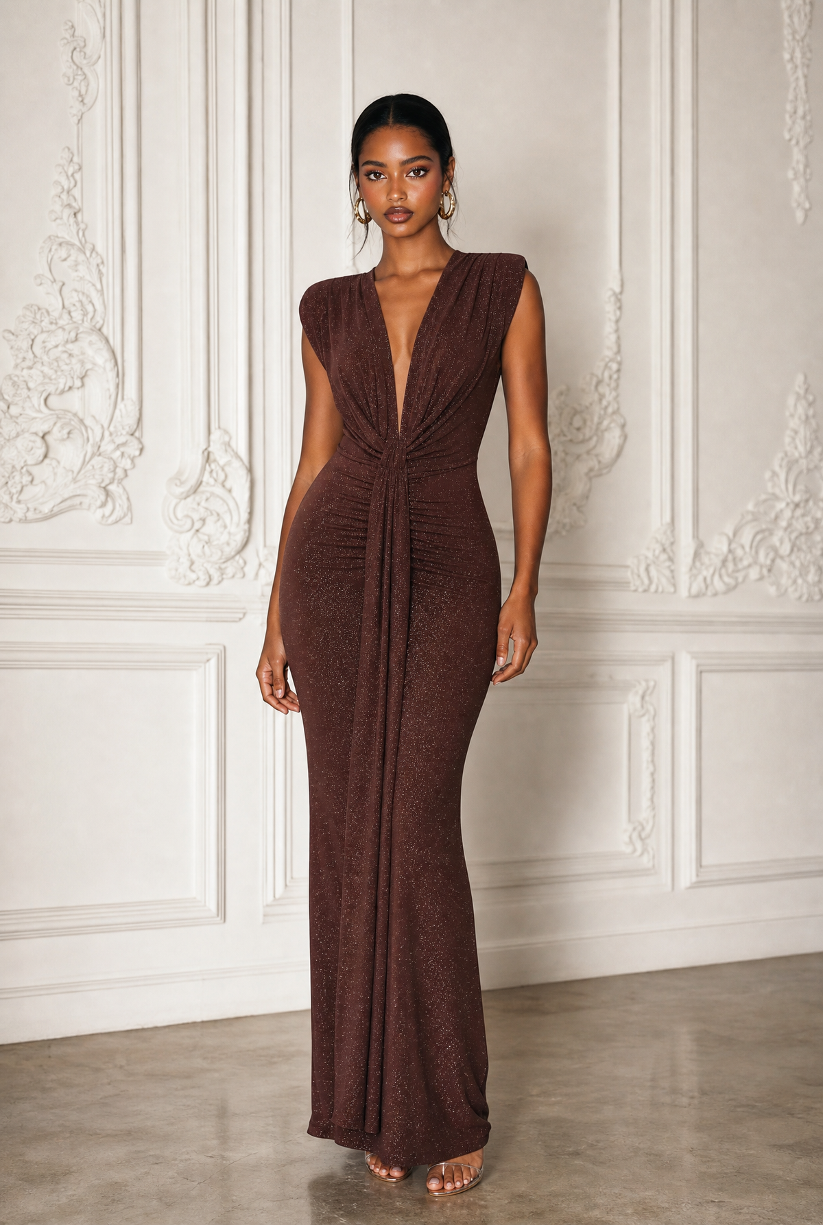 Brown drape front maxi dress, alternate back view on model