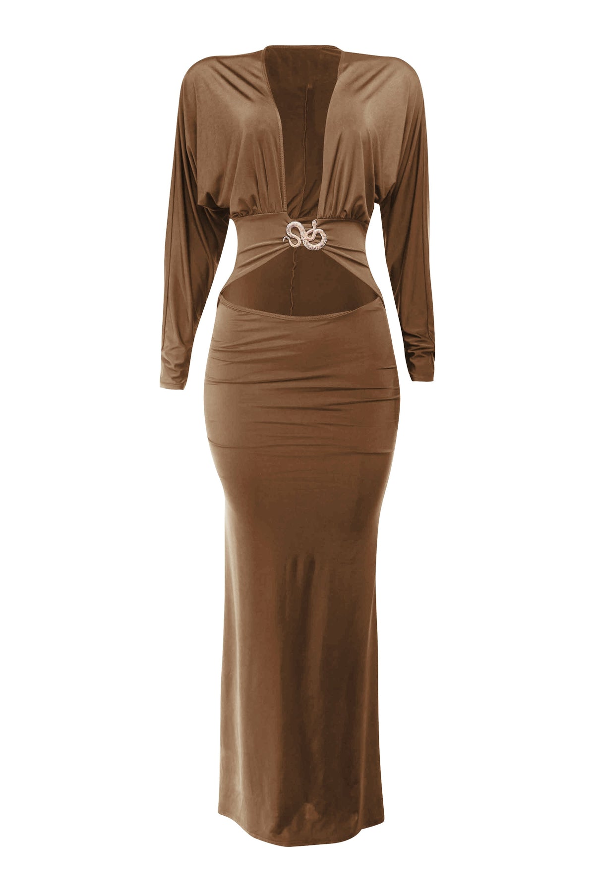Mocha plunge cutout batwing maxi dress, front view on model