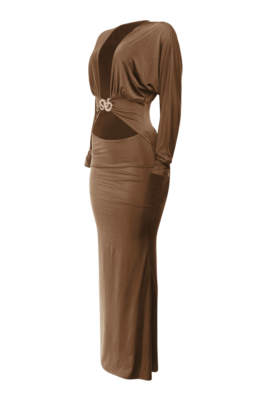 Mocha plunge cutout batwing maxi dress, back view on model