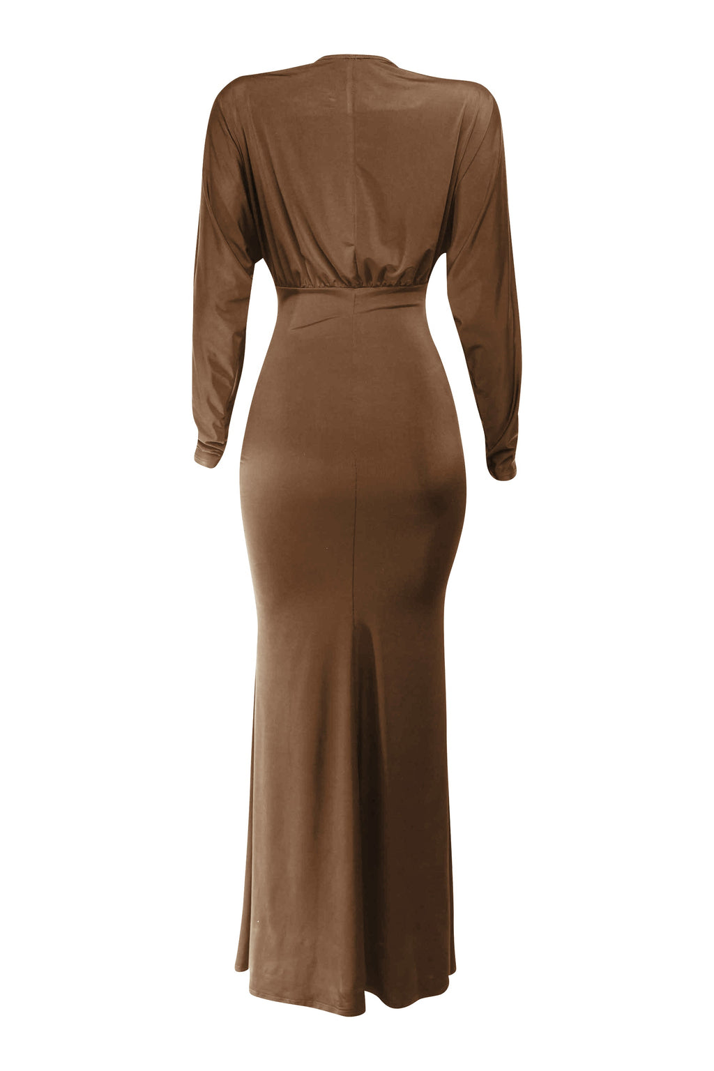 Mocha plunge cutout batwing maxi dress, detail view on model