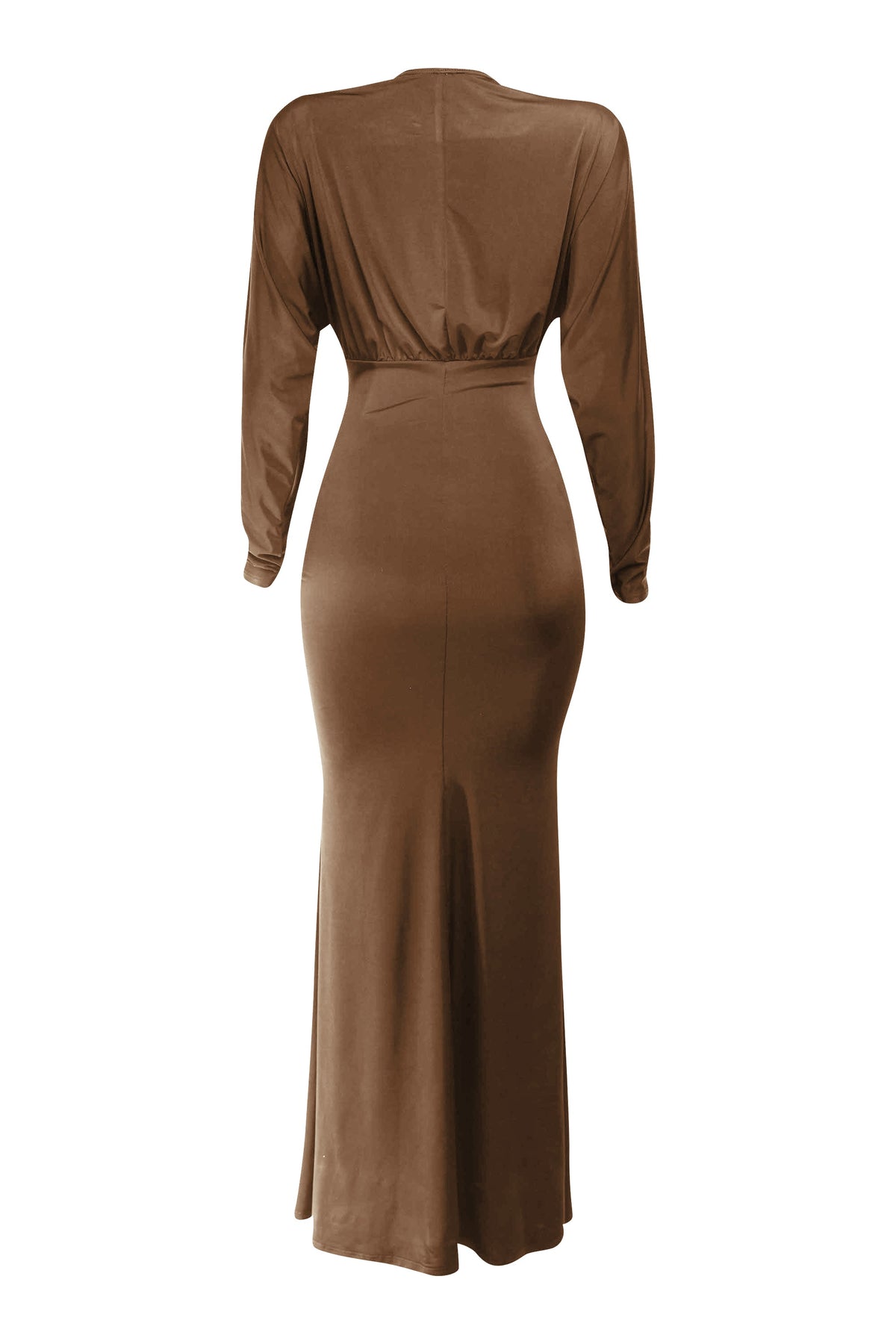 Mocha plunge cutout batwing maxi dress, detail view on model
