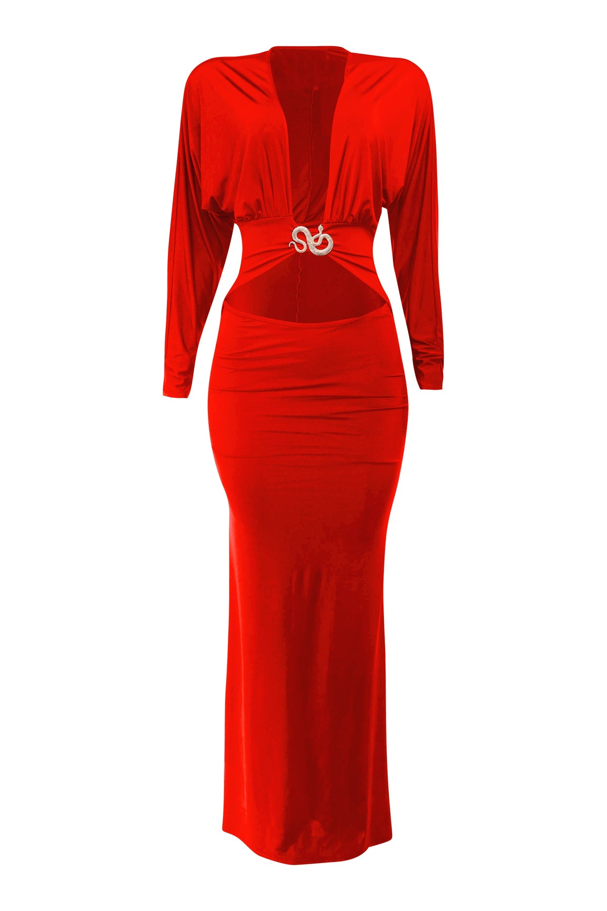 Red plunge cutout batwing maxi dress, side view on model