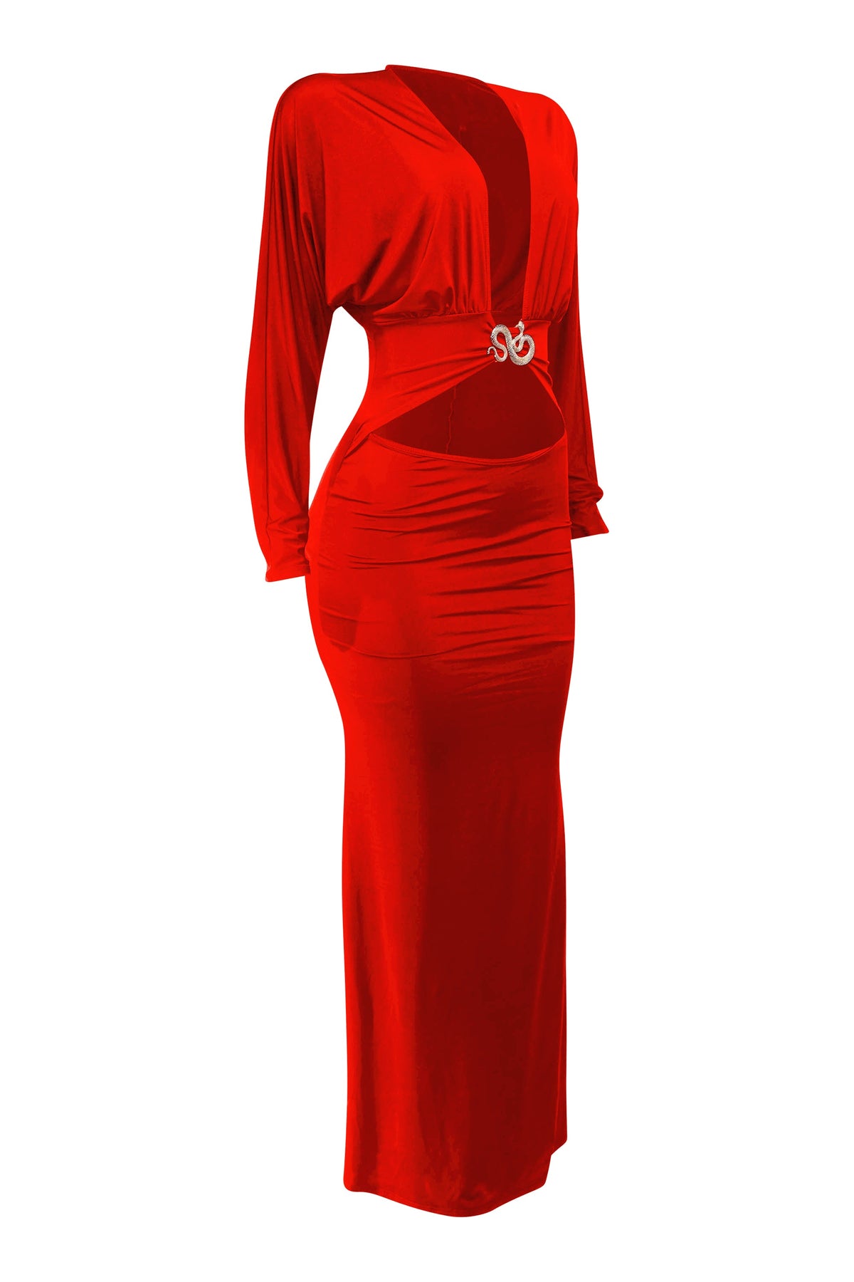Red plunge cutout batwing maxi dress, close-up view on model