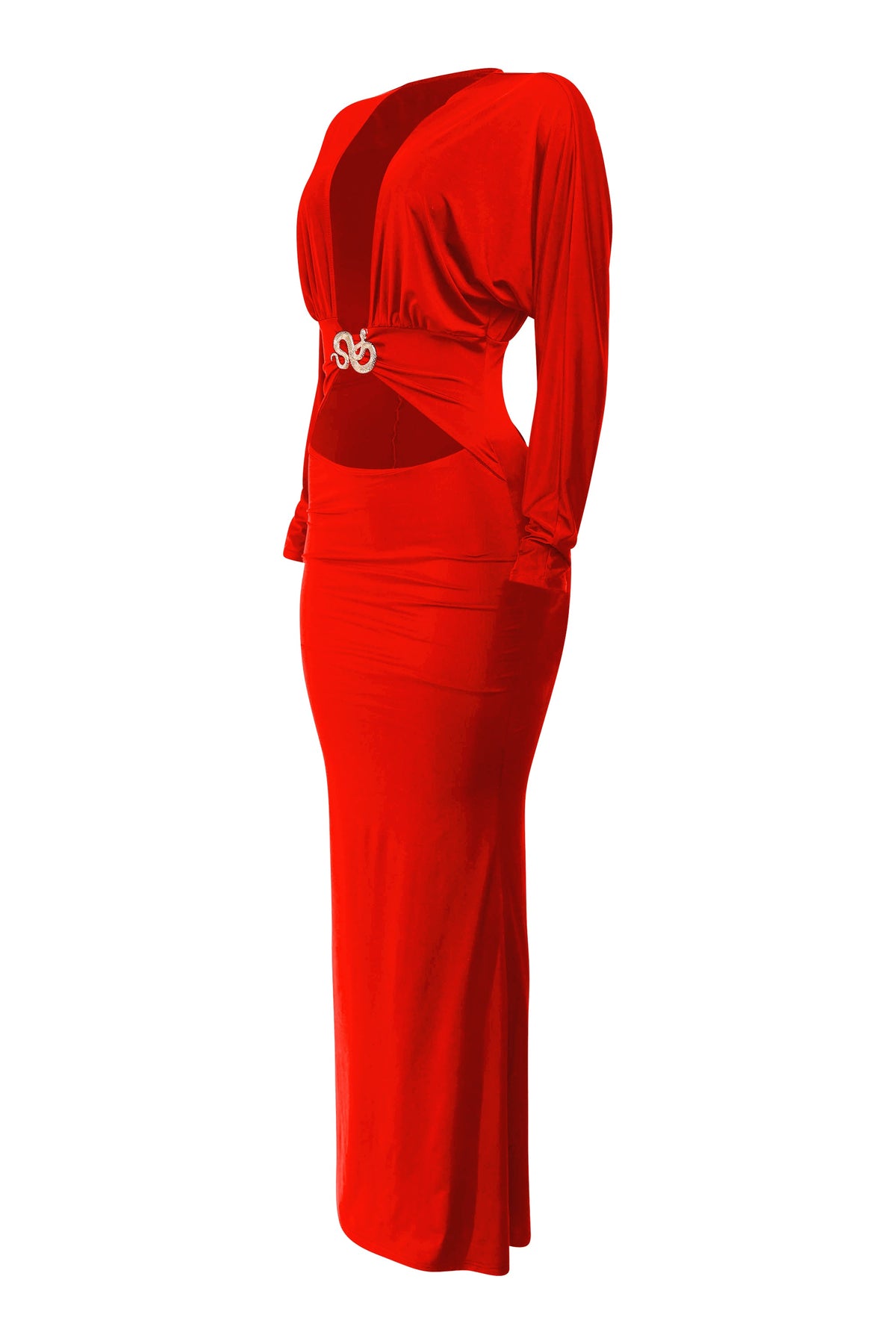 Red plunge cutout batwing maxi dress, full-length view on model