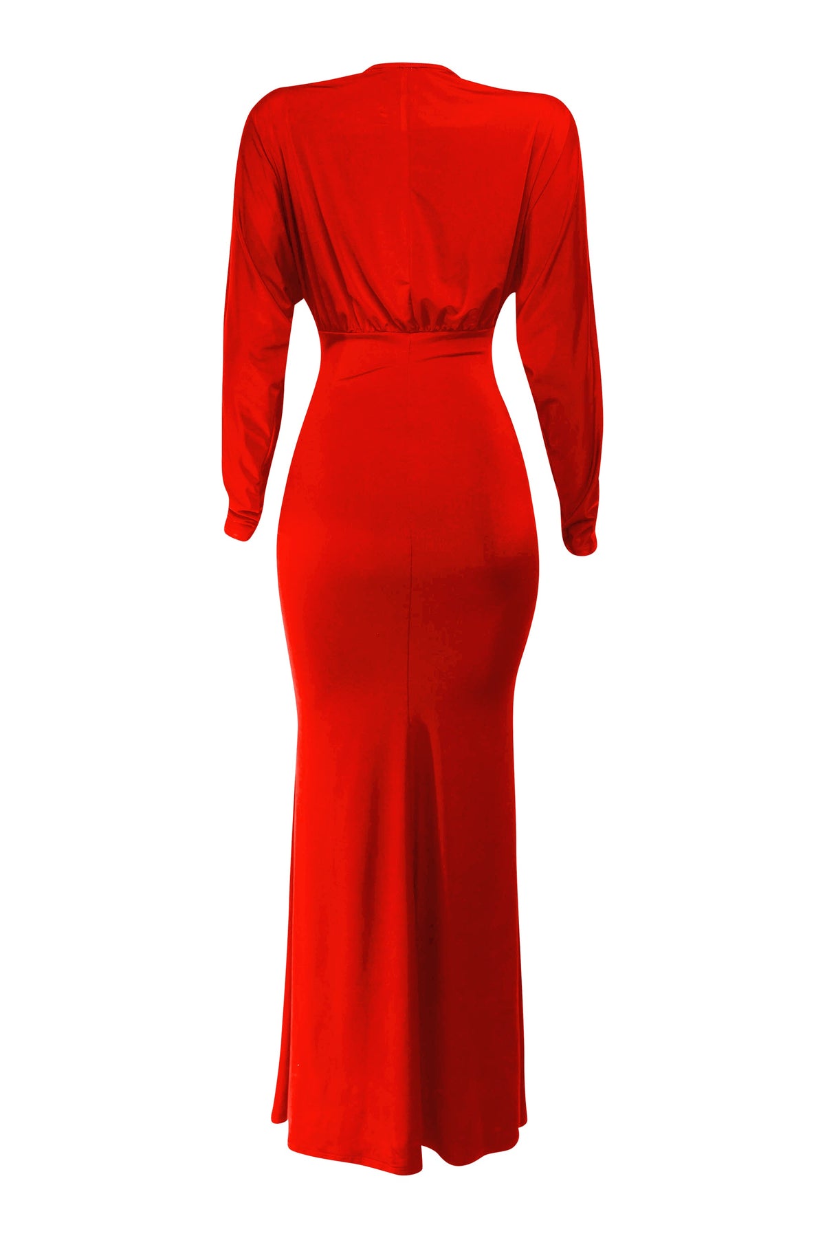 Red plunge cutout batwing maxi dress, styled look on model