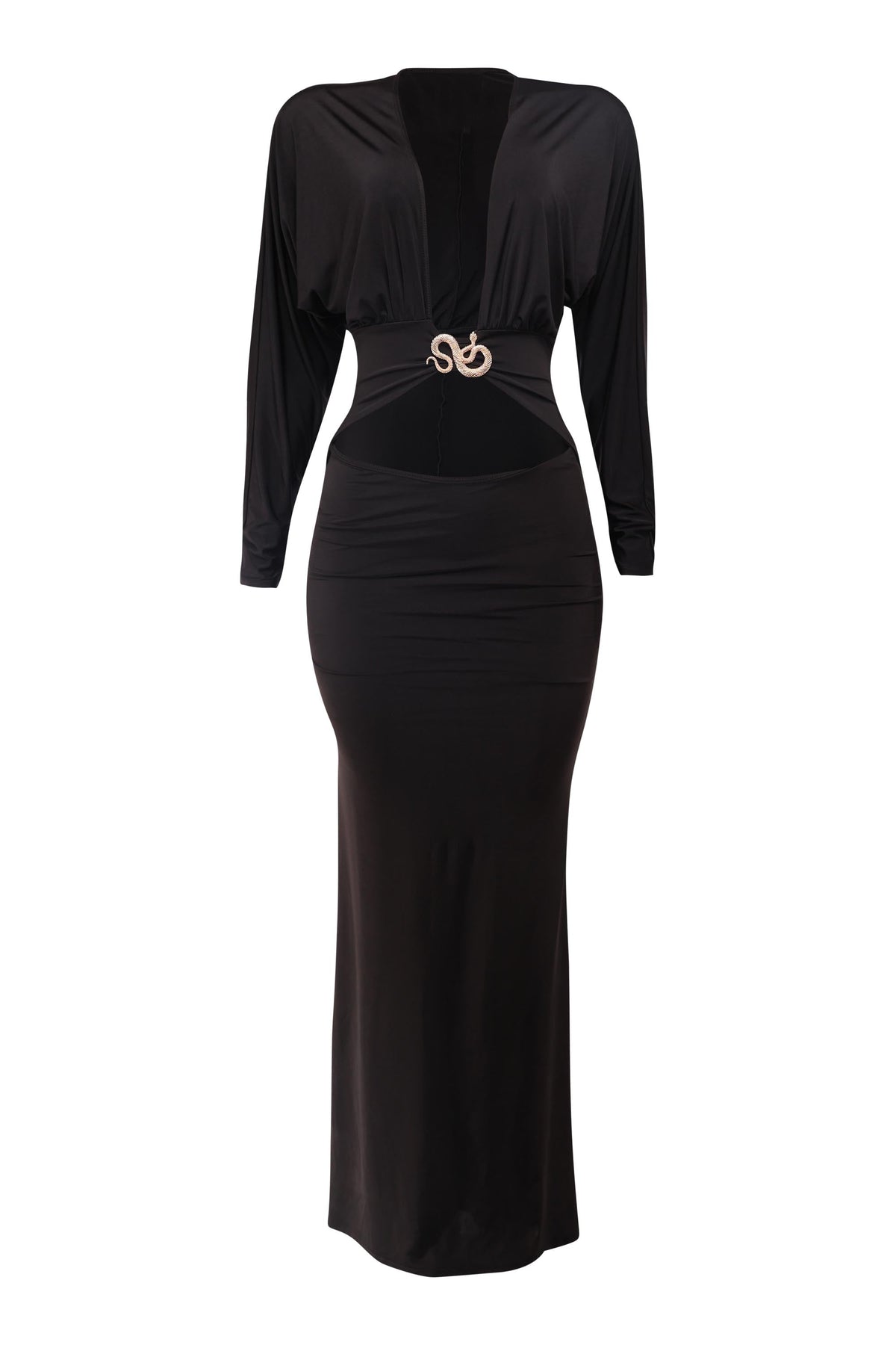 Plunge Cutout Batwing Maxi Dress in Black – Side view