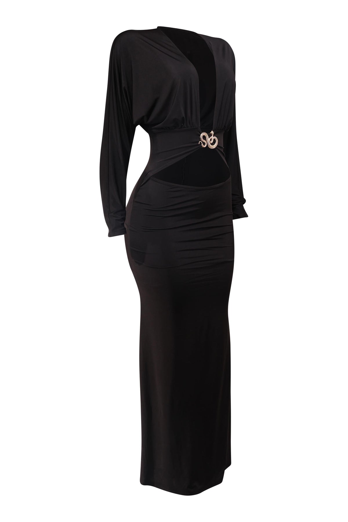Plunge Cutout Batwing Maxi Dress in Black – Detail view