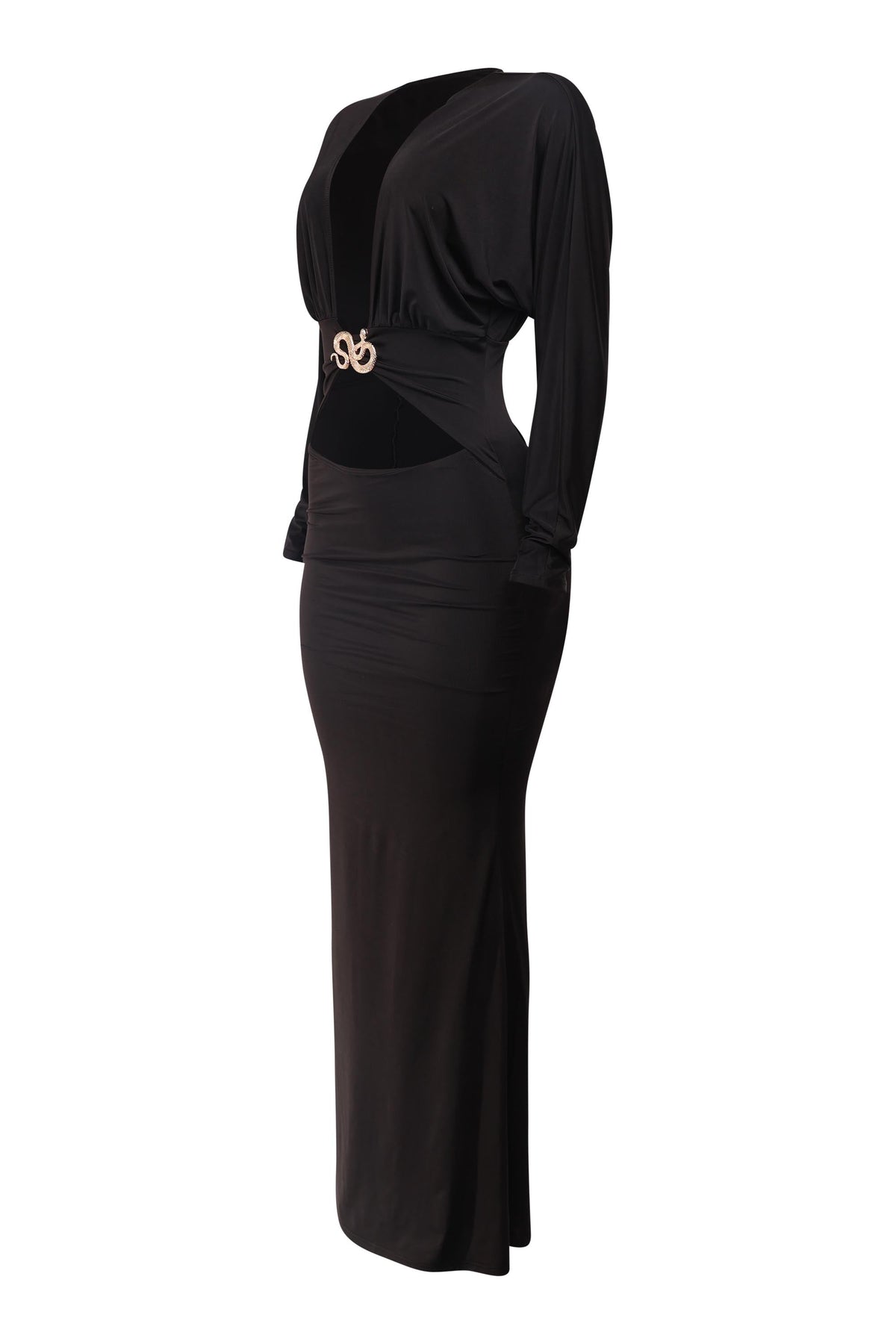 Black plunge cutout batwing maxi dress, alternate front view on model