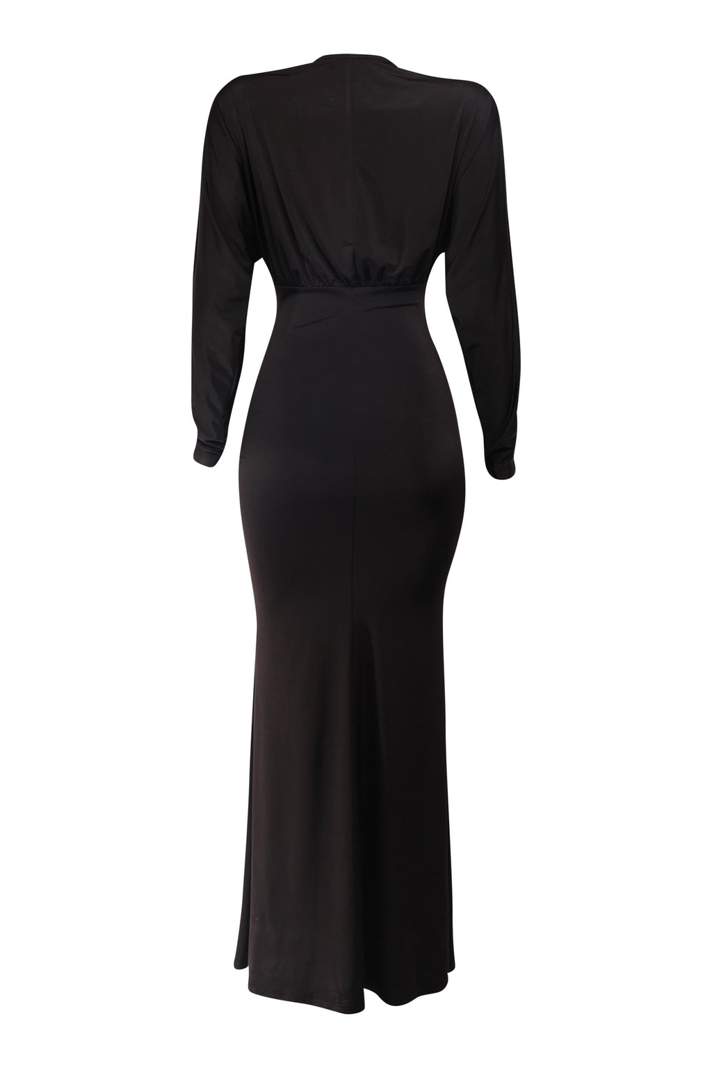 Black plunge cutout batwing maxi dress, back view on model